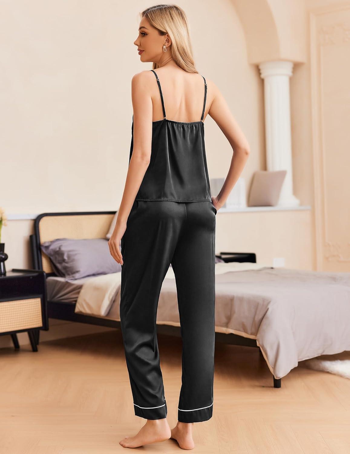 imageEkouaer Women Silk Satin Pajamas Sleeveless Pjs Set 2 Piece Summer Loungewear Sleepwear with Pockets SXXLBlack