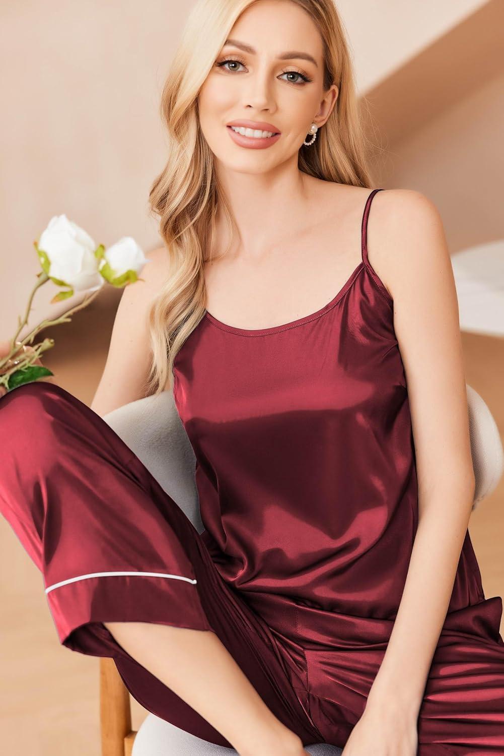 imageEkouaer Women Silk Satin Pajamas Sleeveless Pjs Set 2 Piece Summer Loungewear Sleepwear with Pockets SXXLRed