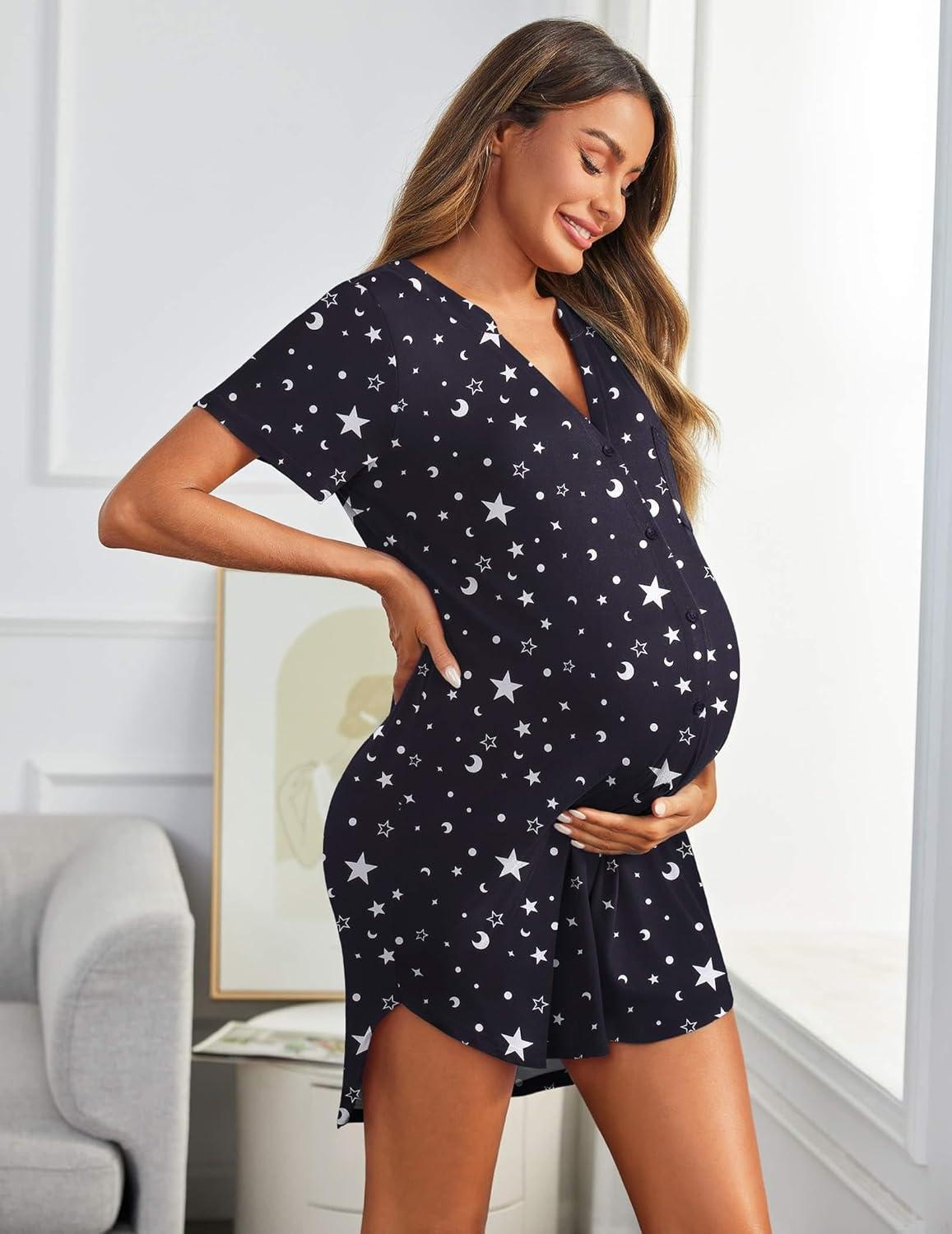 imageEkouaer Women V Neck Button Down NightgownBlack Star