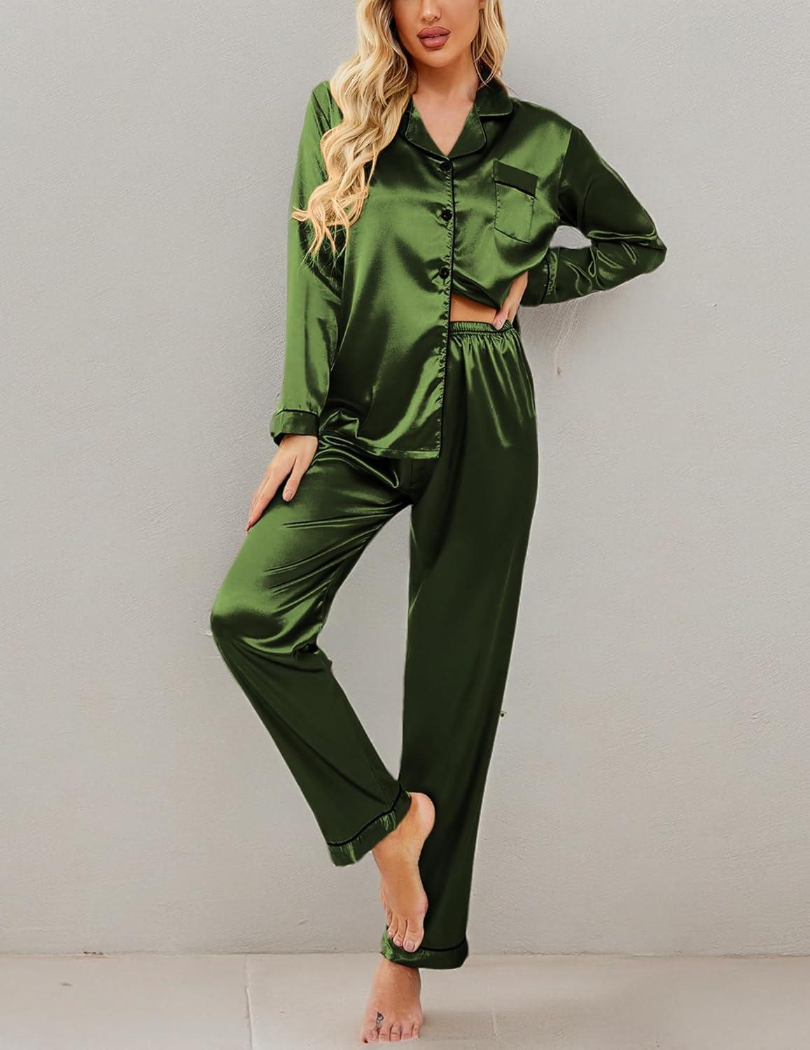 imageEkouaer Womens Classic Button Down Long Satin Silk Pajama SetArmy Green