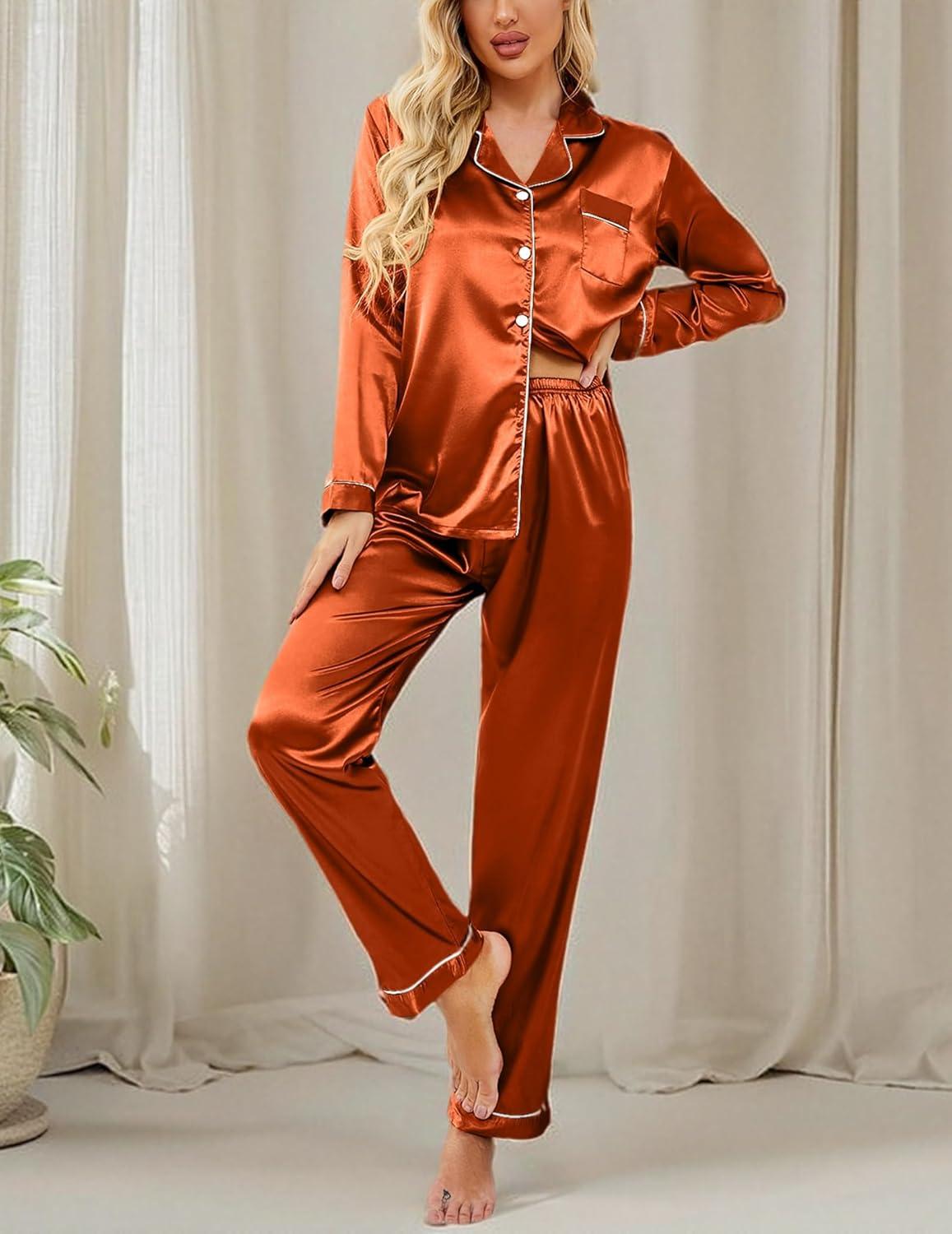 imageEkouaer Womens Classic Button Down Long Satin Silk Pajama SetCaramel