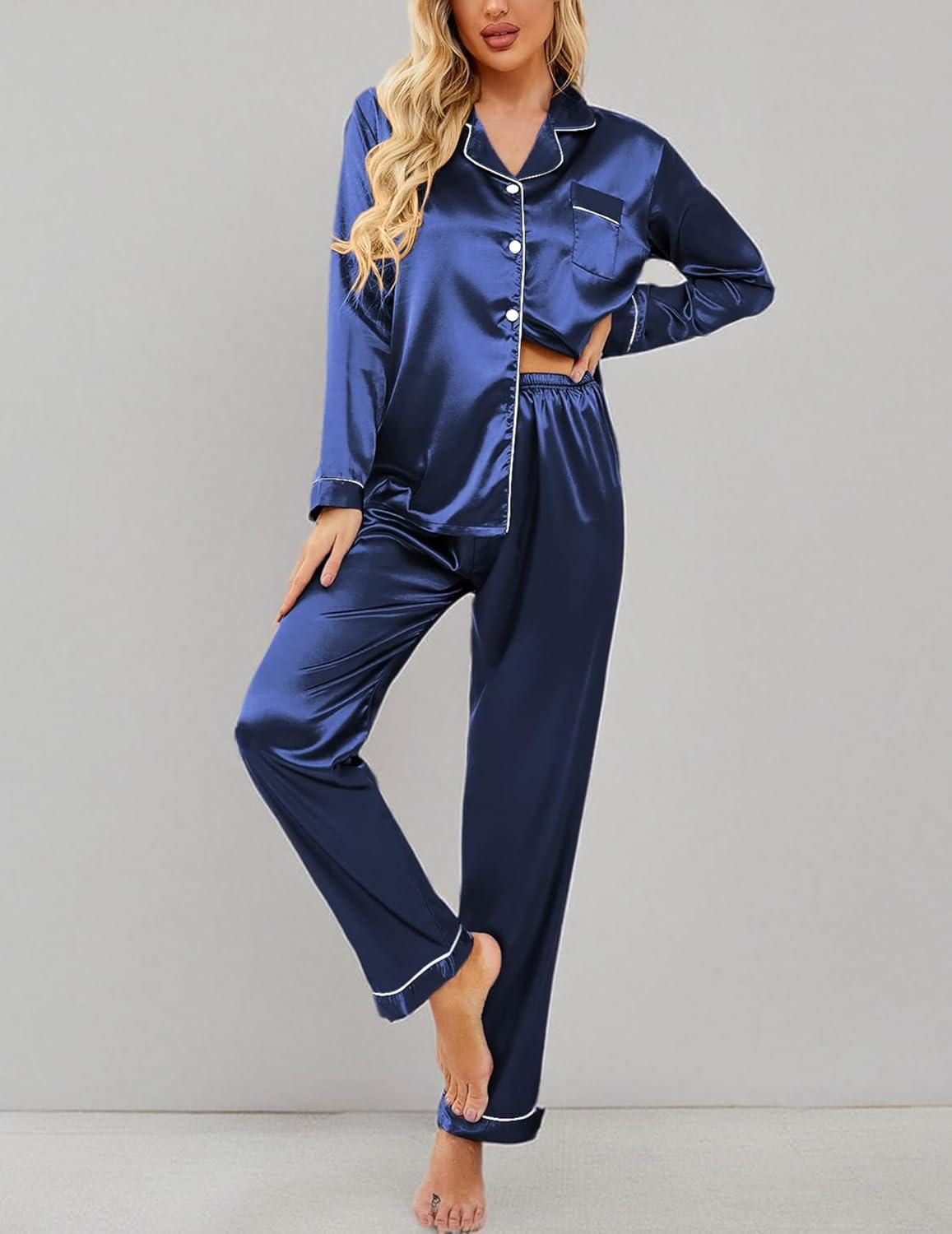 imageEkouaer Womens Classic Button Down Long Satin Silk Pajama SetNavy Blue
