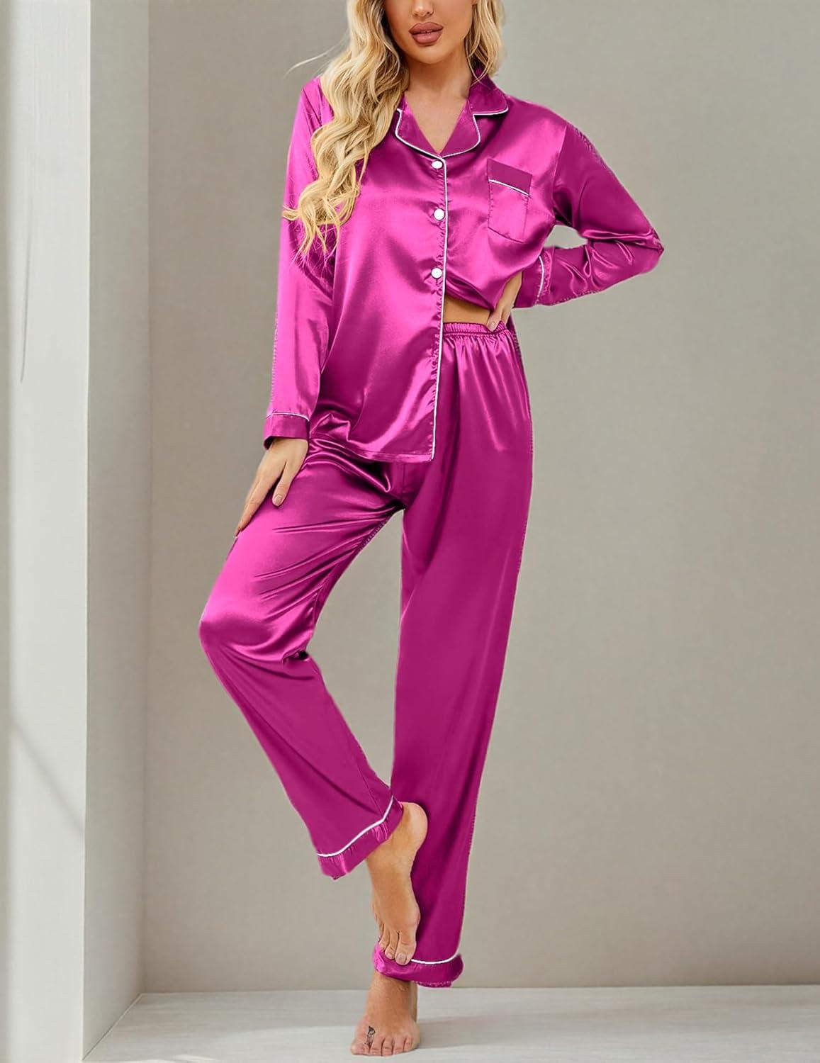 imageEkouaer Womens Classic Button Down Long Satin Silk Pajama SetRose