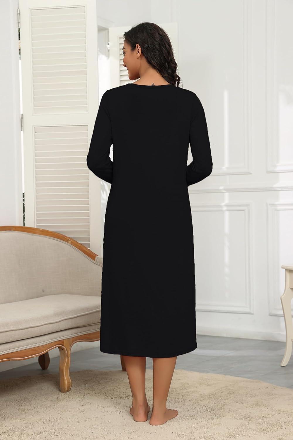 imageEkouaer Womens Long Sleeve Nightgown Full Length Pajama Dress with Pockets V Neck Nightshirts Lace Trim SleepwearBlack