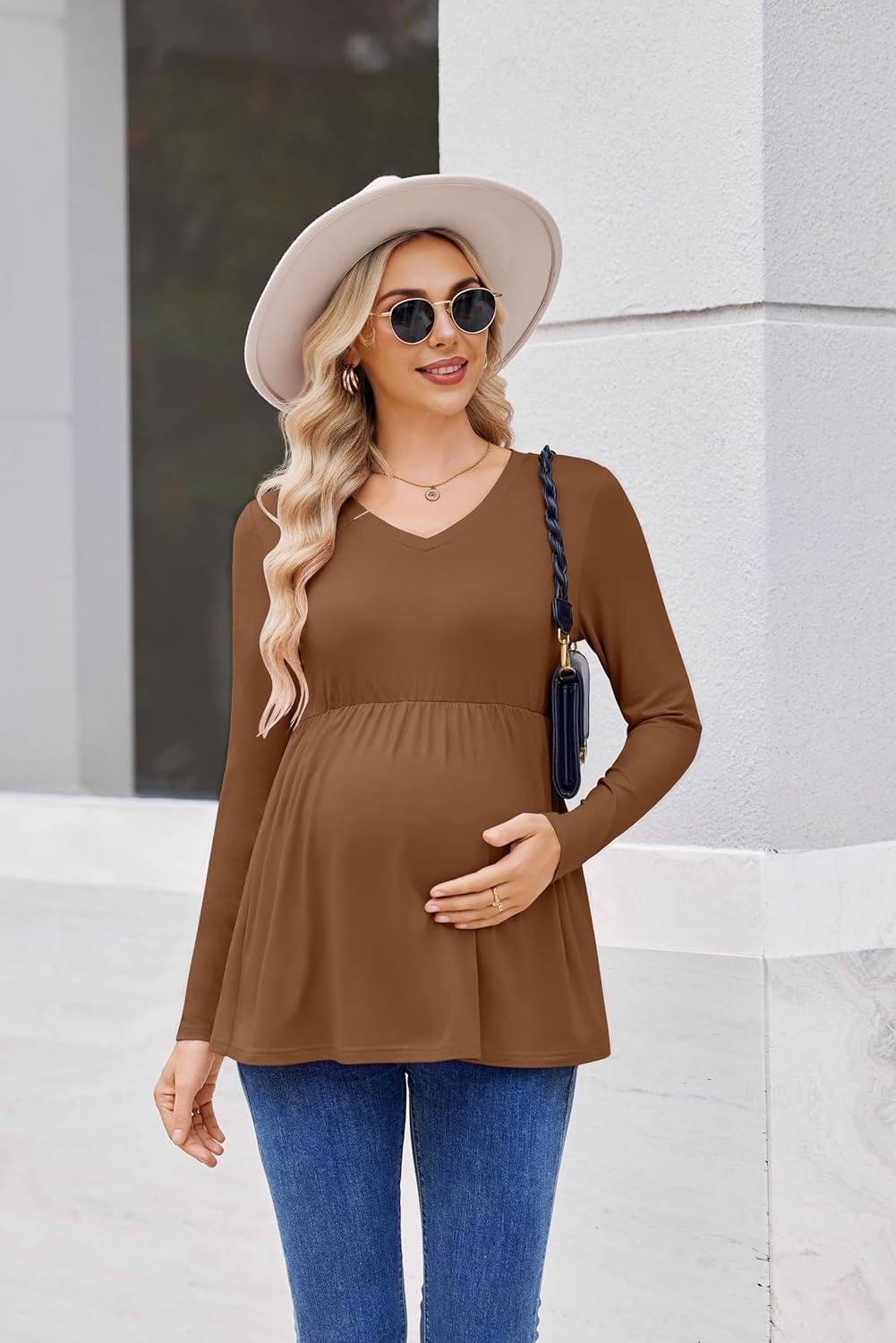 imageEkouaer Womens Maternity Shirts Long Sleeve Pregnancy Tops for Women V Neck Tunic Blouses ClothesLight Brown