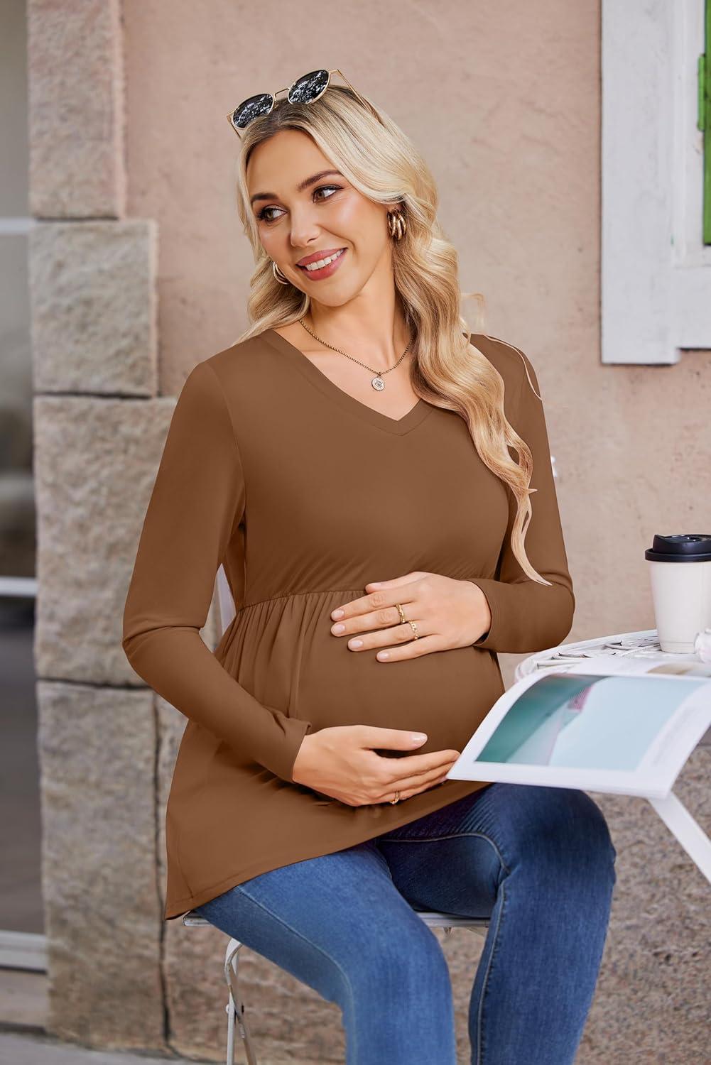 imageEkouaer Womens Maternity Shirts Long Sleeve Pregnancy Tops for Women V Neck Tunic Blouses ClothesLight Brown