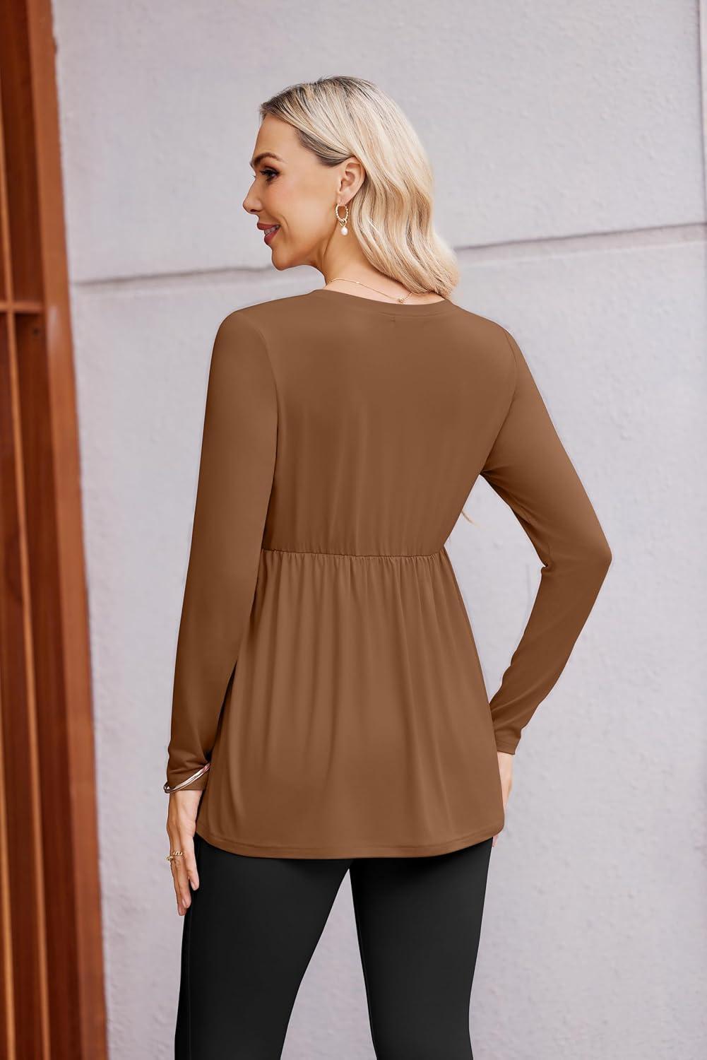 imageEkouaer Womens Maternity Shirts Long Sleeve Pregnancy Tops for Women V Neck Tunic Blouses ClothesLight Brown