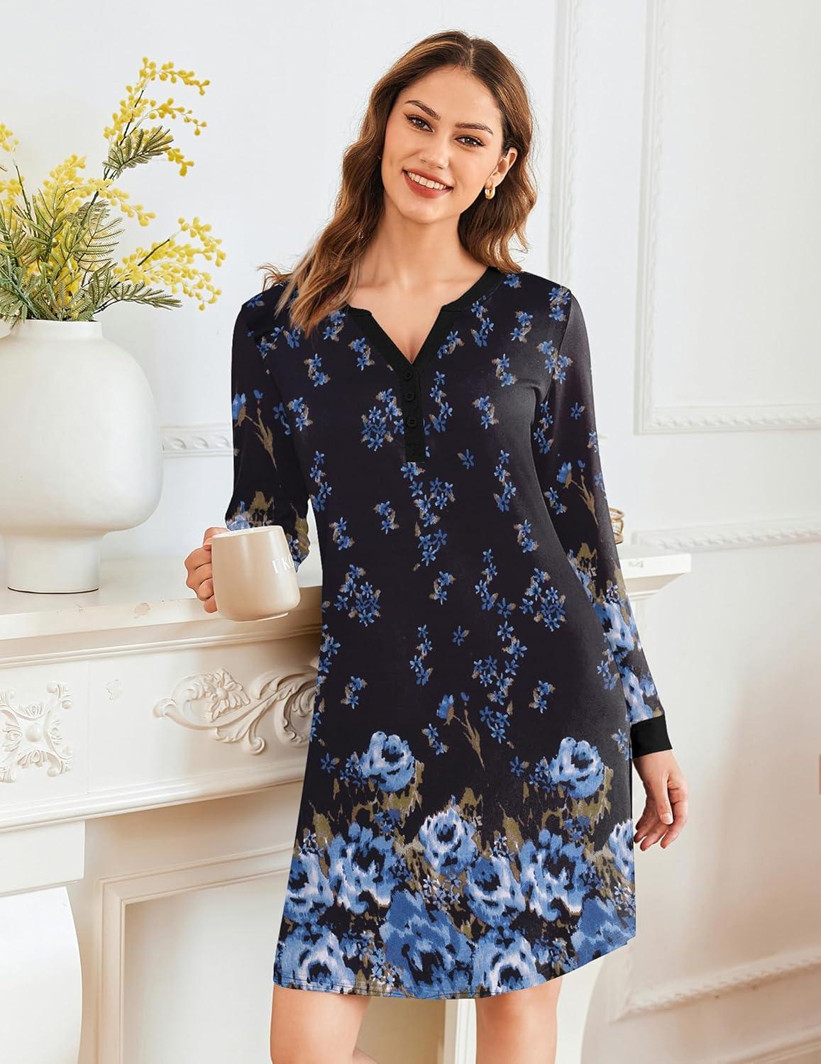 imageEkouaer Womens Nightgown Long Sleeve Sleepshirt Button Down Nightshirt V Neck Pajama Dress with Pockets SXXXLBlue Floral
