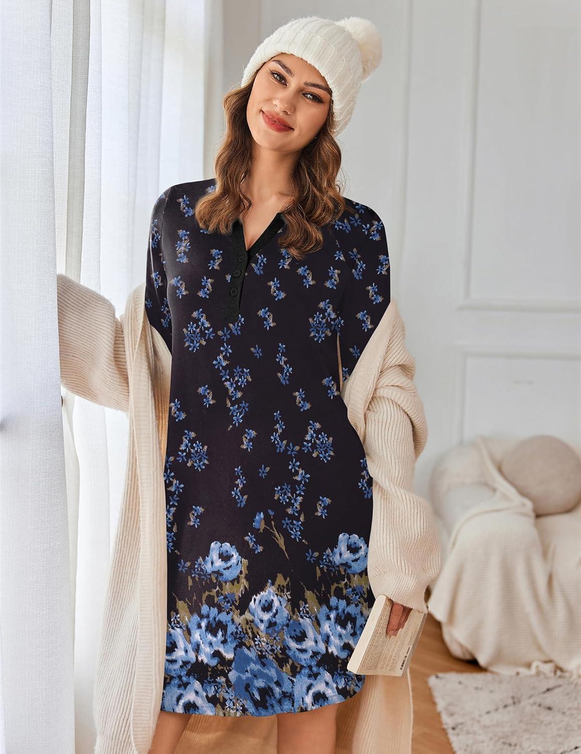 imageEkouaer Womens Nightgown Long Sleeve Sleepshirt Button Down Nightshirt V Neck Pajama Dress with Pockets SXXXLBlue Floral