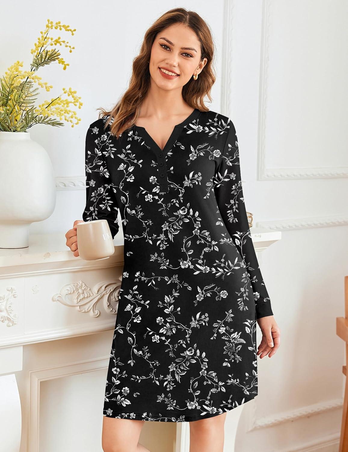 imageEkouaer Womens Nightgown Long Sleeve Sleepshirt Button Down Nightshirt V Neck Pajama Dress with Pockets SXXXLFloral Black