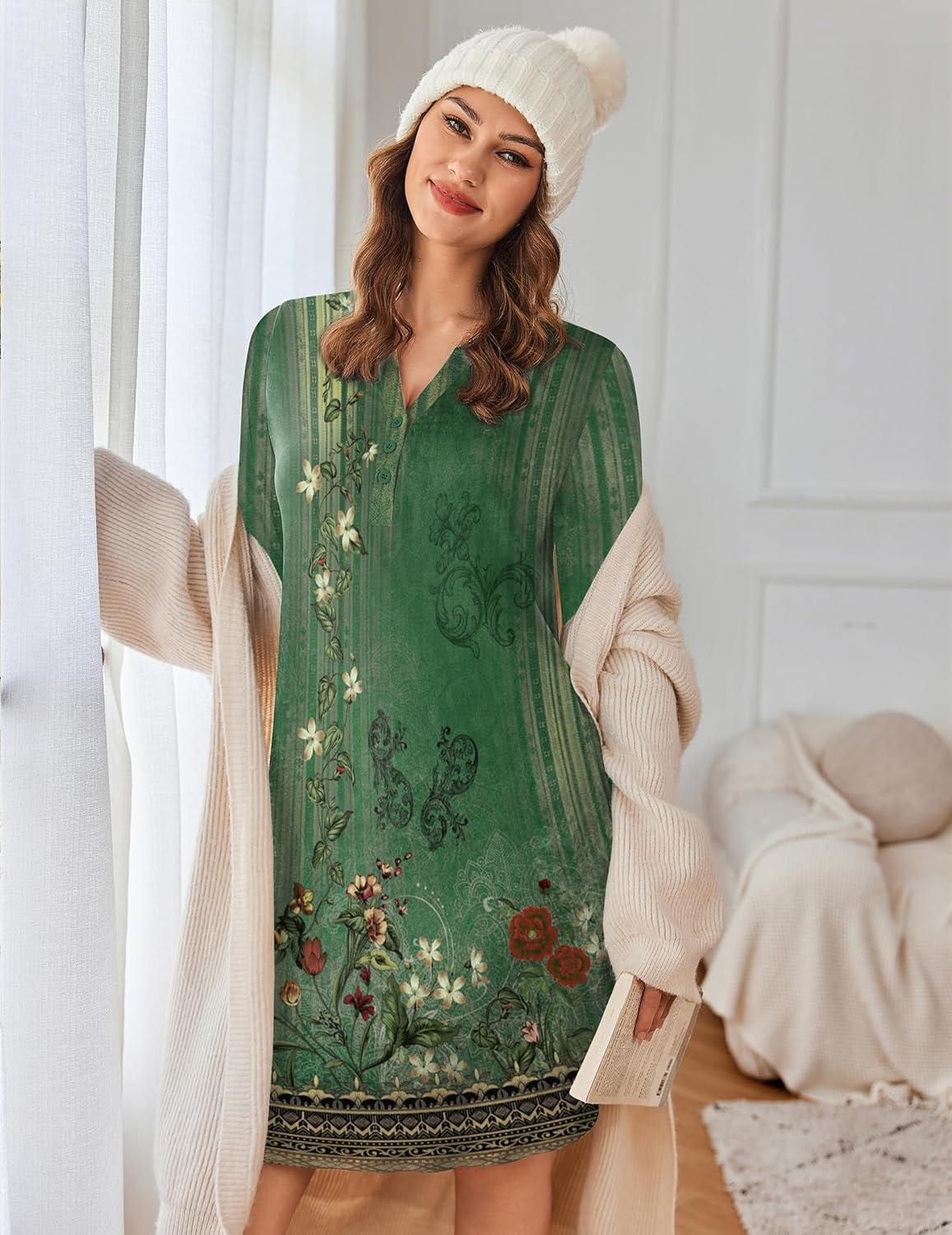 imageEkouaer Womens Nightgown Long Sleeve Sleepshirt Button Down Nightshirt V Neck Pajama Dress with Pockets SXXXLFloral Green