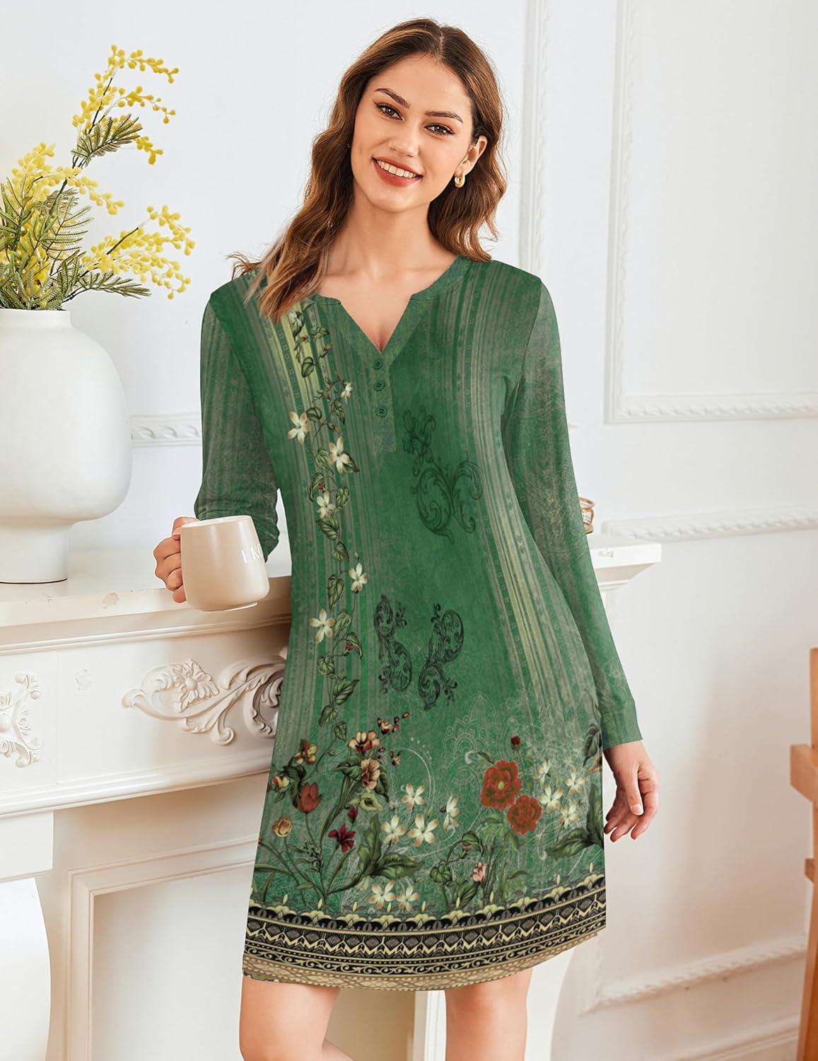 imageEkouaer Womens Nightgown Long Sleeve Sleepshirt Button Down Nightshirt V Neck Pajama Dress with Pockets SXXXLFloral Green
