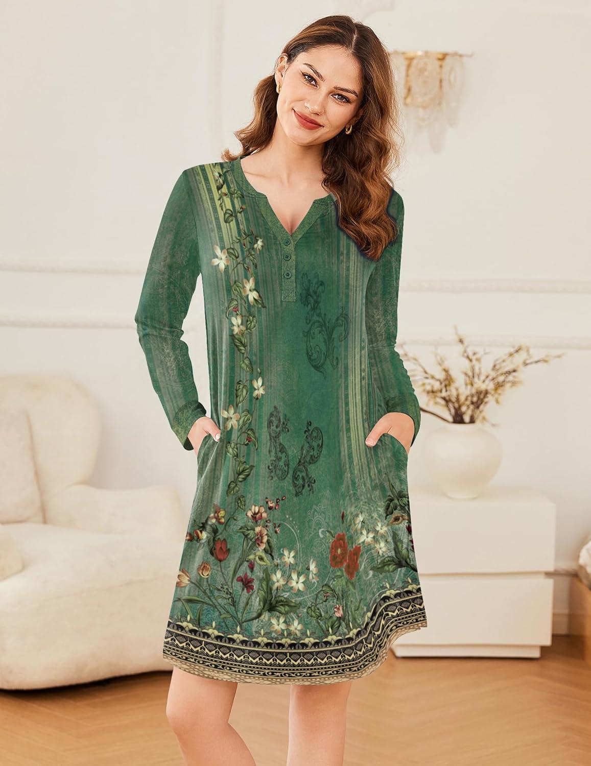 imageEkouaer Womens Nightgown Long Sleeve Sleepshirt Button Down Nightshirt V Neck Pajama Dress with Pockets SXXXLFloral Green