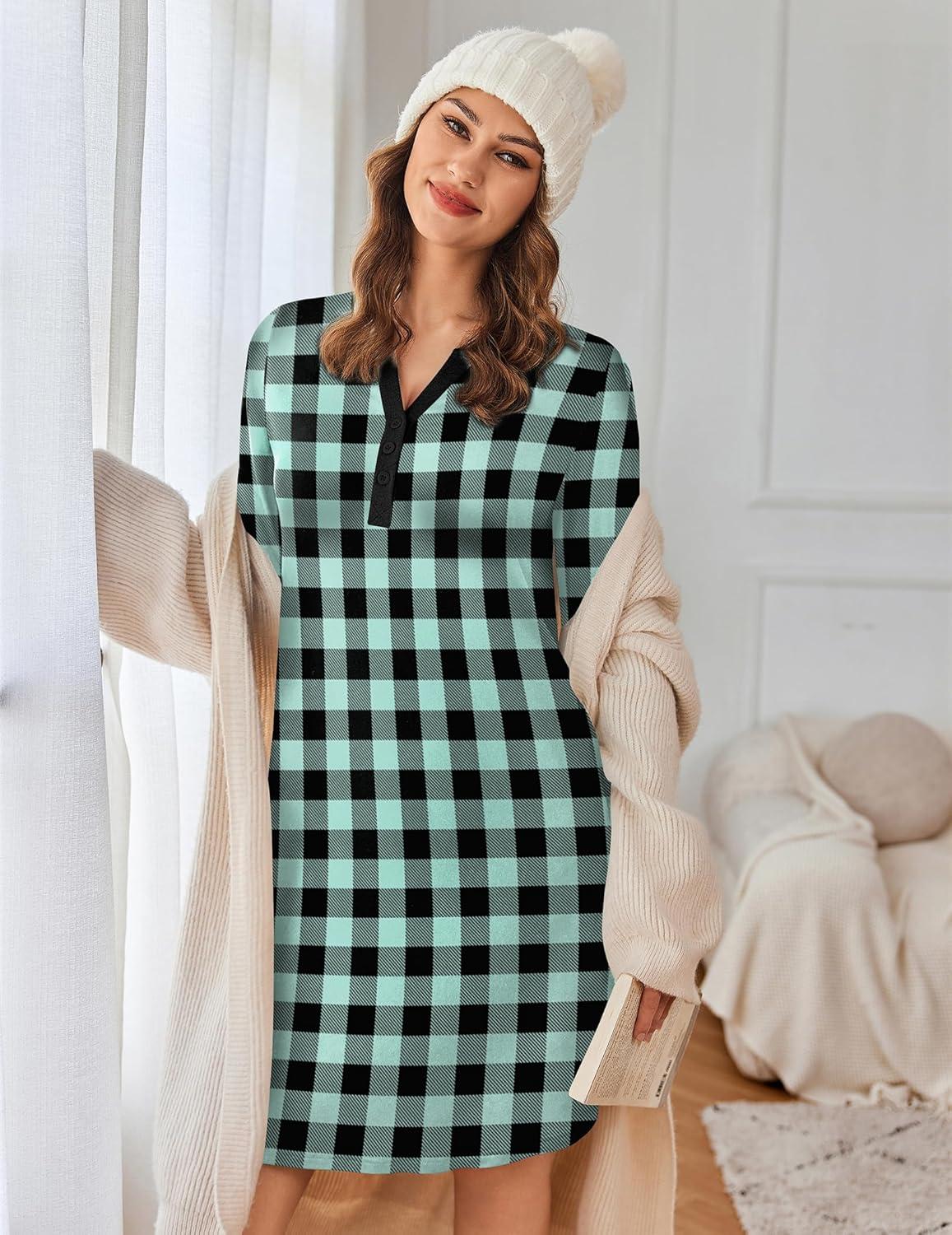 imageEkouaer Womens Nightgown Long Sleeve Sleepshirt Button Down Nightshirt V Neck Pajama Dress with Pockets SXXXLGreen and Black Plaid