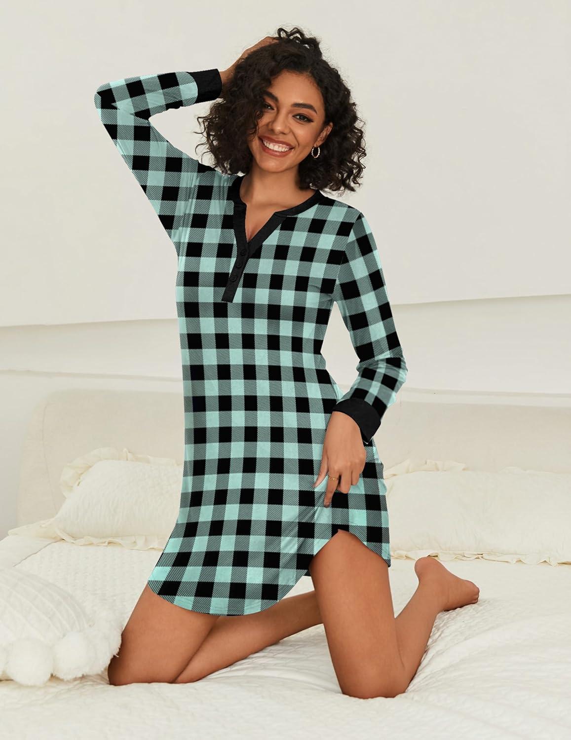 imageEkouaer Womens Nightgown Long Sleeve Sleepshirt Button Down Nightshirt V Neck Pajama Dress with Pockets SXXXLGreen and Black Plaid