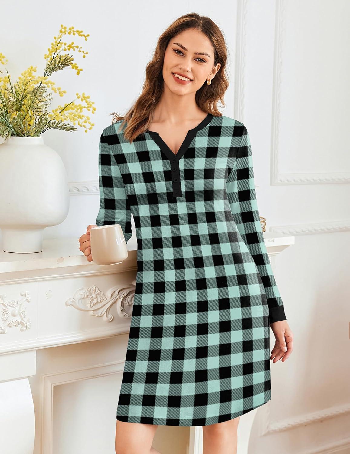 imageEkouaer Womens Nightgown Long Sleeve Sleepshirt Button Down Nightshirt V Neck Pajama Dress with Pockets SXXXLGreen and Black Plaid
