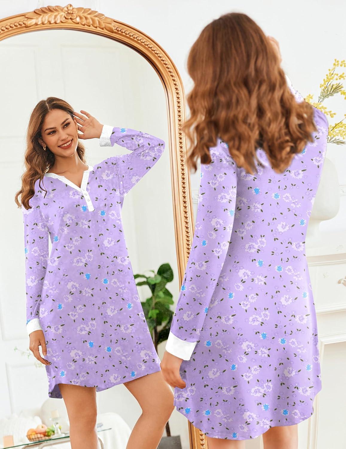 imageEkouaer Womens Nightgown Long Sleeve Sleepshirt Button Down Nightshirt V Neck Pajama Dress with Pockets SXXXLPurple Floral