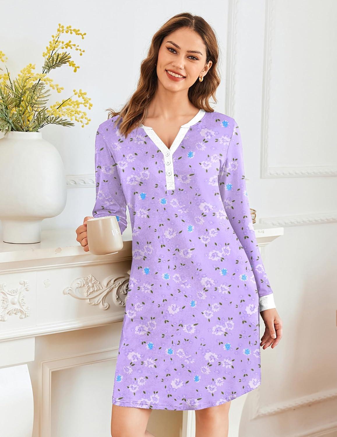 imageEkouaer Womens Nightgown Long Sleeve Sleepshirt Button Down Nightshirt V Neck Pajama Dress with Pockets SXXXLPurple Floral