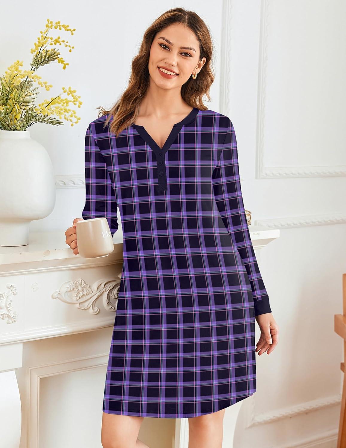 imageEkouaer Womens Nightgown Long Sleeve Sleepshirt Button Down Nightshirt V Neck Pajama Dress with Pockets SXXXLPurple and Black Plaid