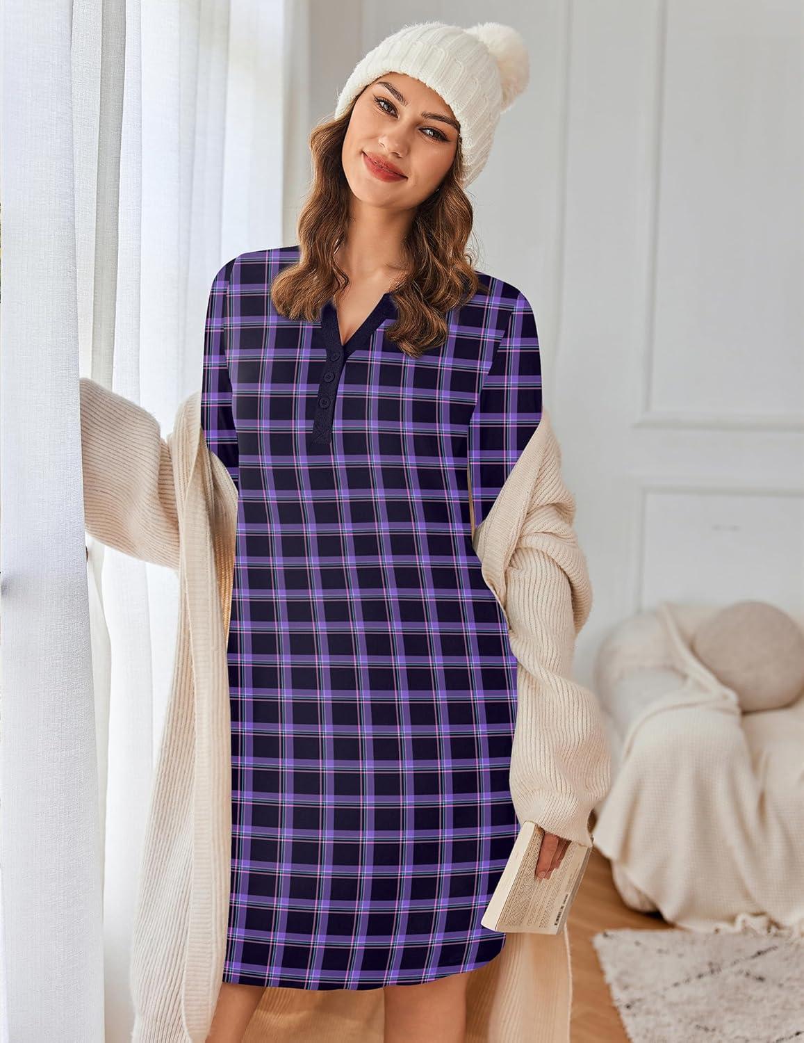 imageEkouaer Womens Nightgown Long Sleeve Sleepshirt Button Down Nightshirt V Neck Pajama Dress with Pockets SXXXLPurple and Black Plaid