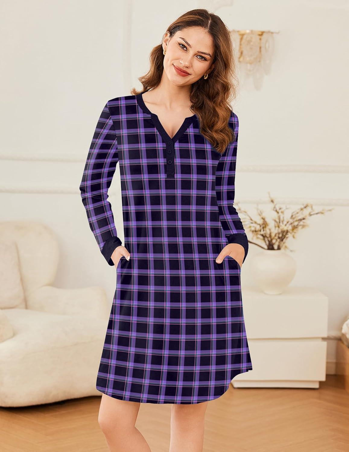 imageEkouaer Womens Nightgown Long Sleeve Sleepshirt Button Down Nightshirt V Neck Pajama Dress with Pockets SXXXLPurple and Black Plaid