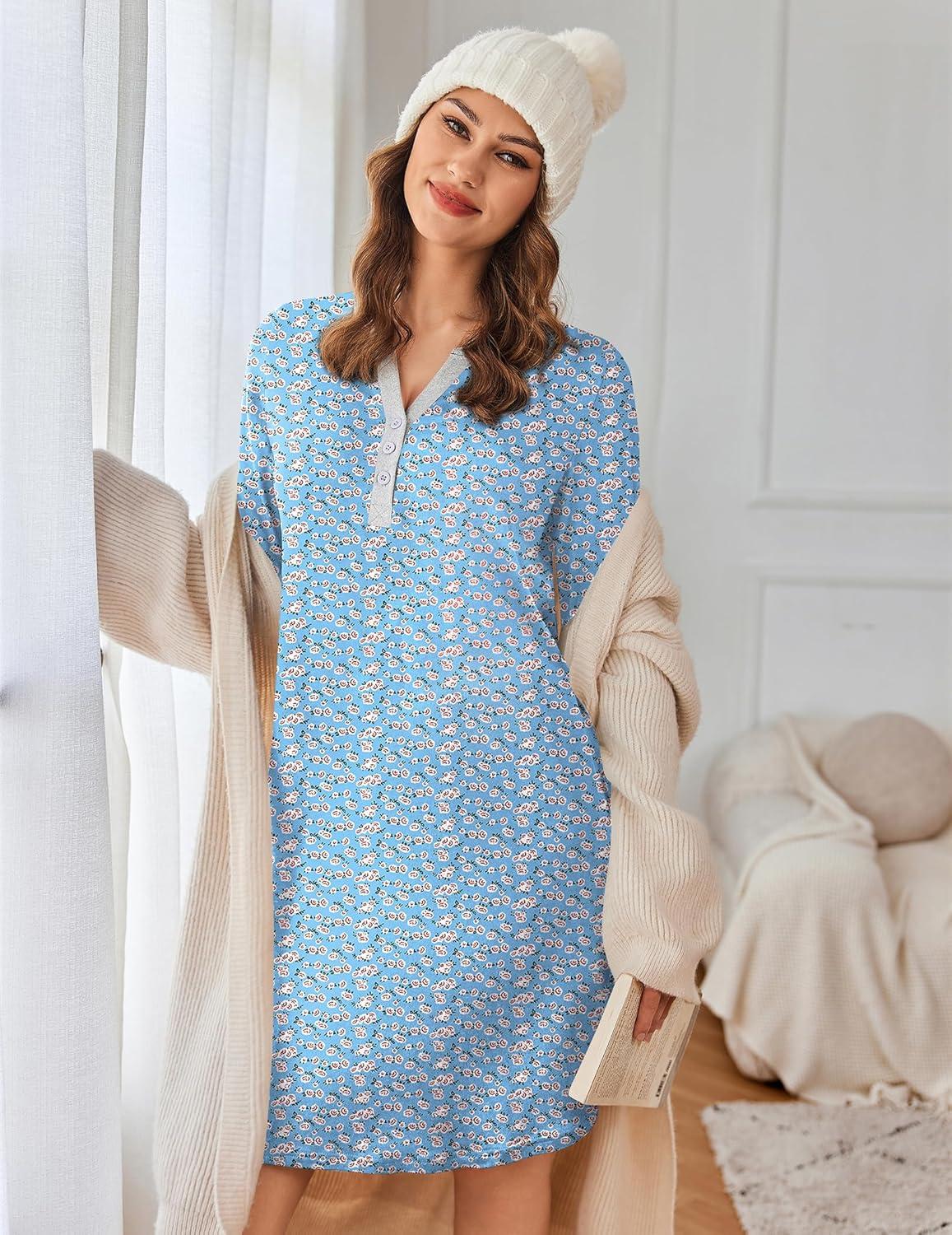 imageEkouaer Womens Nightgown Long Sleeve Sleepshirt Button Down Nightshirt V Neck Pajama Dress with Pockets SXXXLRed Floral