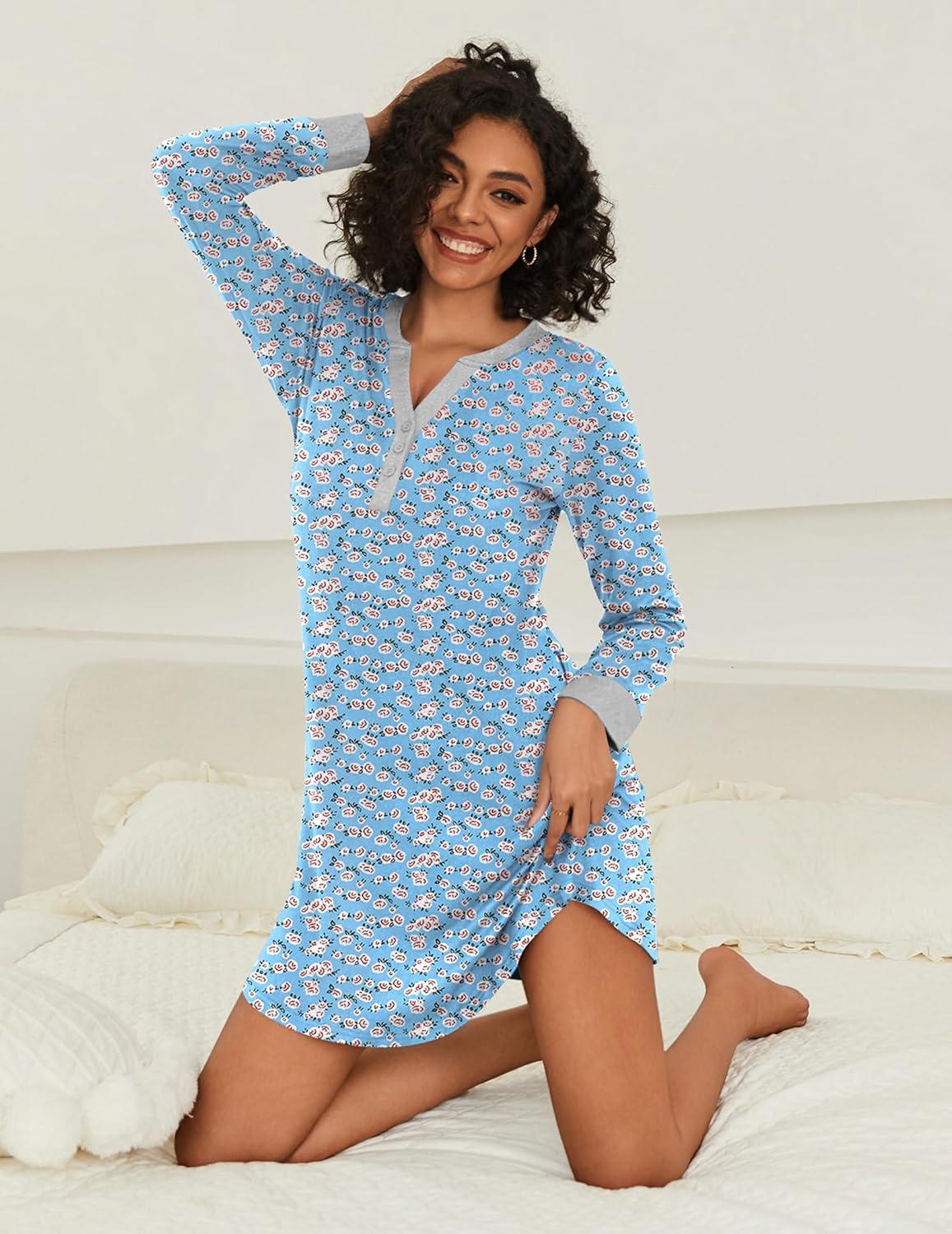 imageEkouaer Womens Nightgown Long Sleeve Sleepshirt Button Down Nightshirt V Neck Pajama Dress with Pockets SXXXLRed Floral