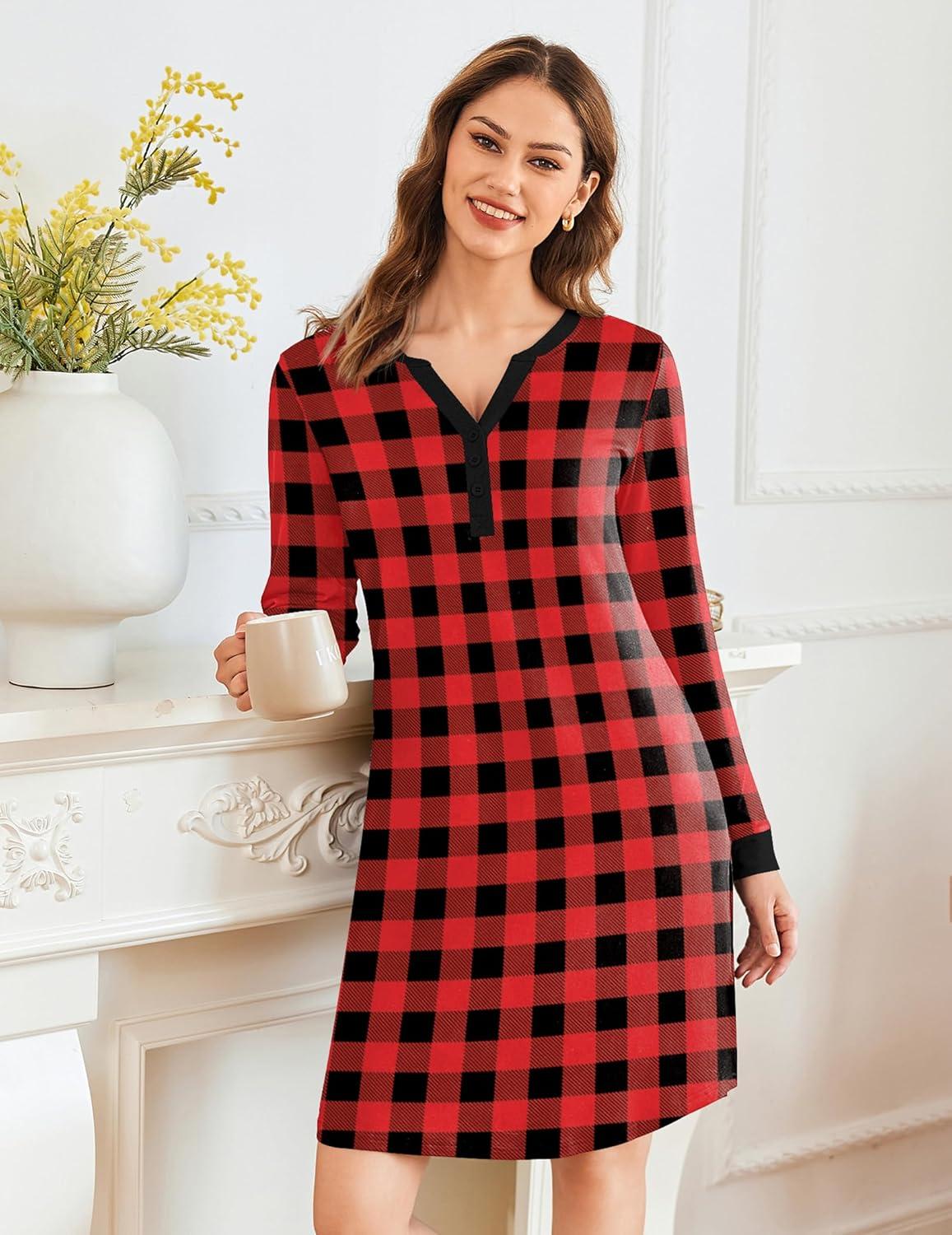 imageEkouaer Womens Nightgown Long Sleeve Sleepshirt Button Down Nightshirt V Neck Pajama Dress with Pockets SXXXLRed and Black Plaid
