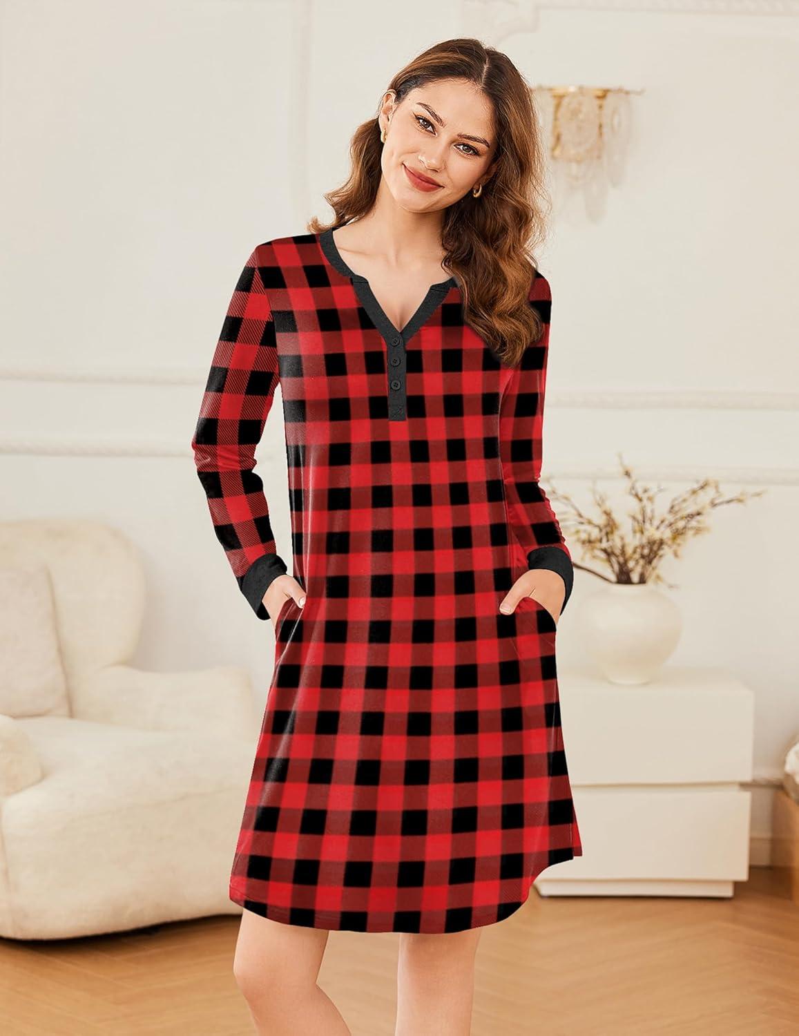 imageEkouaer Womens Nightgown Long Sleeve Sleepshirt Button Down Nightshirt V Neck Pajama Dress with Pockets SXXXLRed and Black Plaid