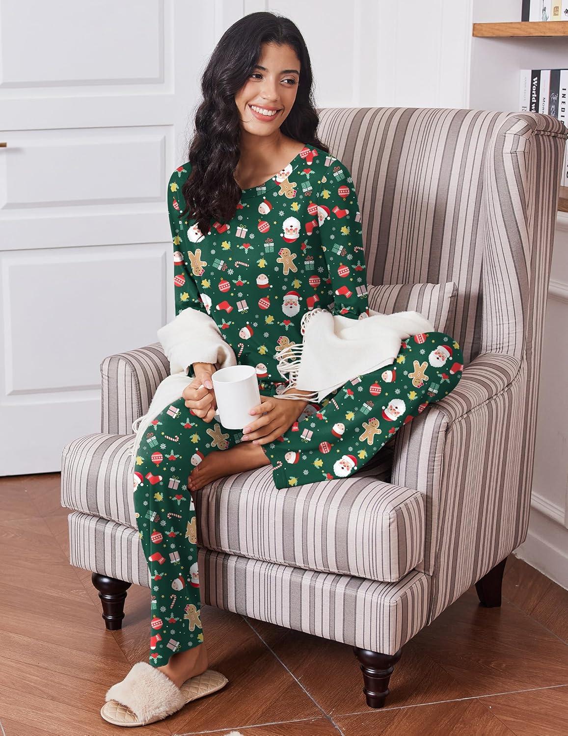 imageEkouaer Womens Pajama Sets 2 Piece Sleepwear Soft Pajamas Long Sleeve Pjs Comfy Loungewear SXXLChristmas Green Santa