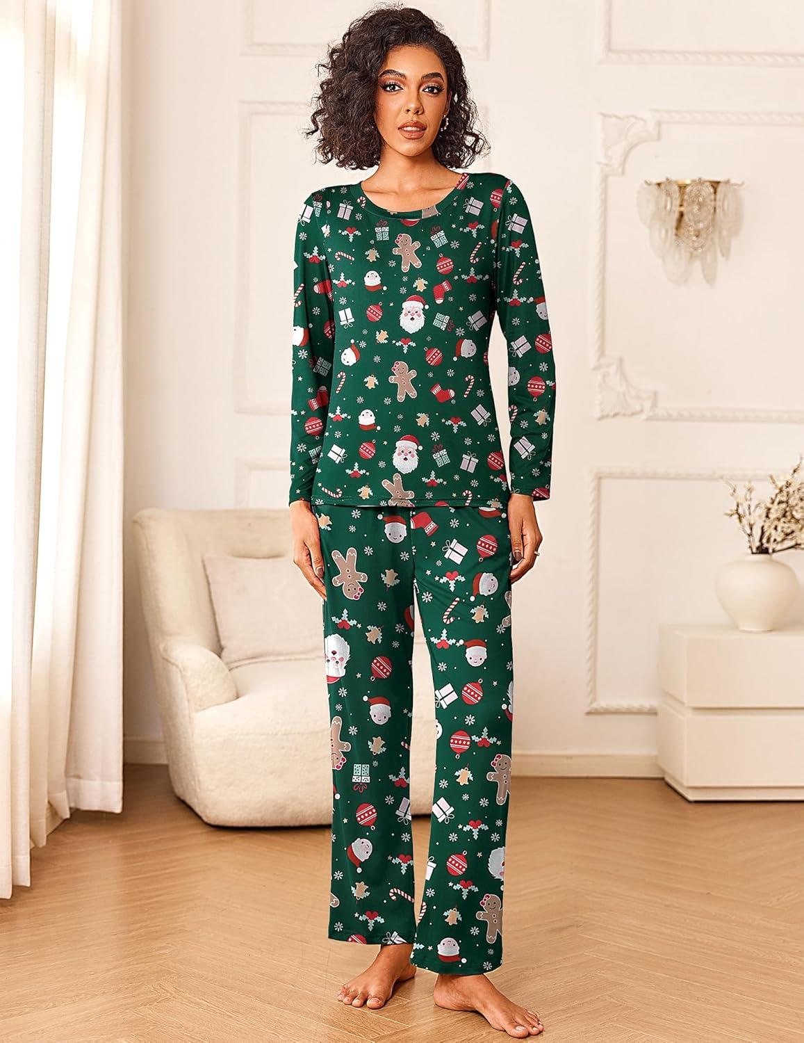 imageEkouaer Womens Pajama Sets 2 Piece Sleepwear Soft Pajamas Long Sleeve Pjs Comfy Loungewear SXXLChristmas Green Santa