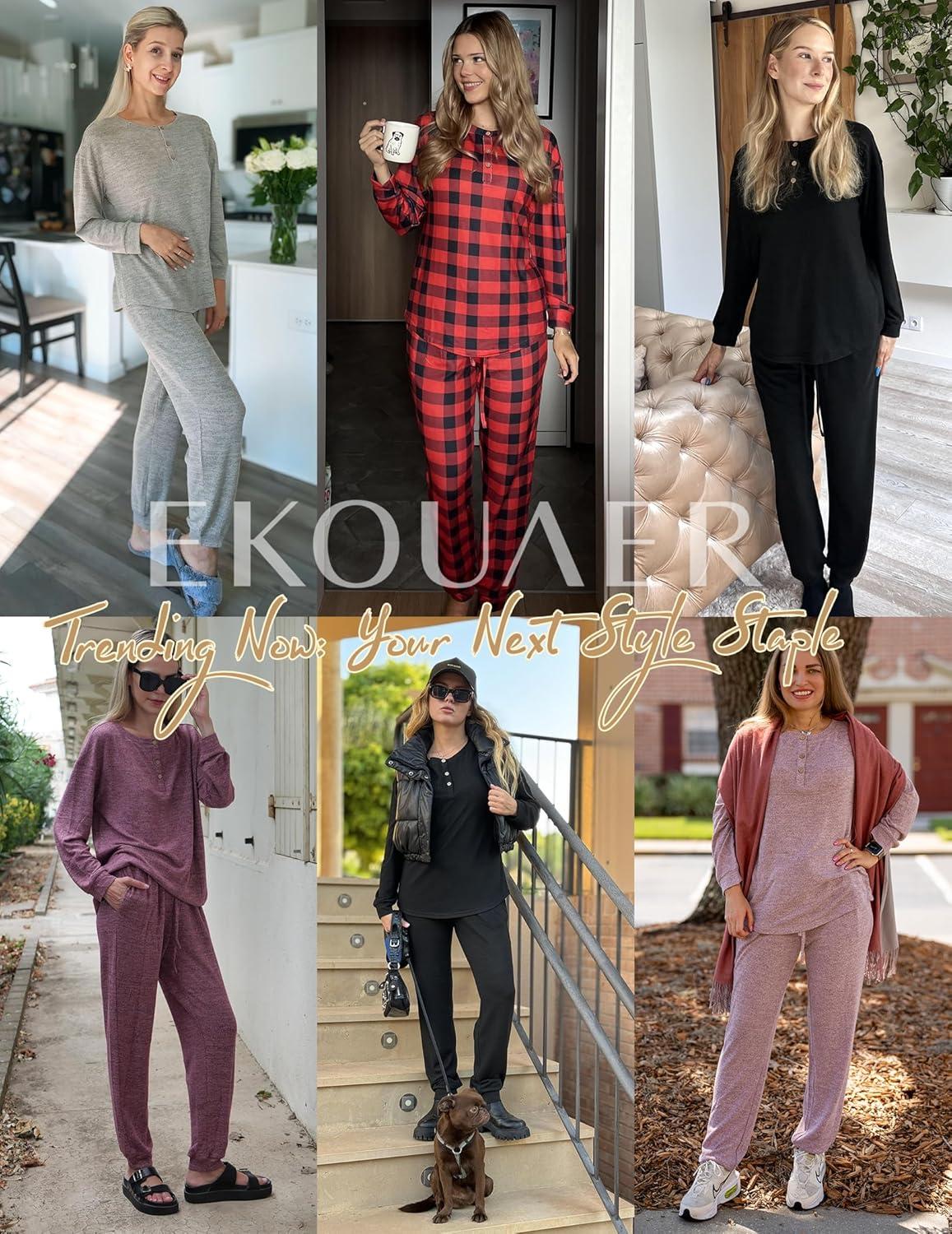 imageEkouaer Womens Pajama Sets Long Sleeve Lounge Set 2 Piece Pj Sets for Women Henley Neck Casual Sleepwear Loungewear SXXLKhaki