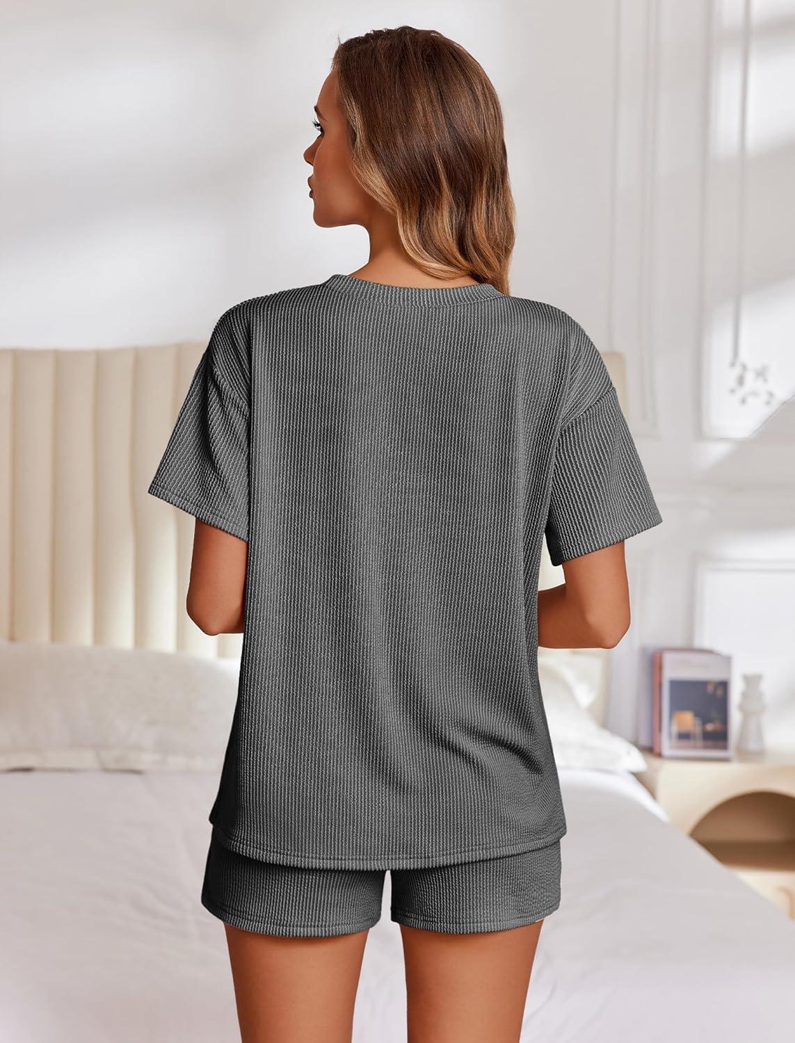 imageEkouaer Womens Pajama Sets Short Sleeve Lounge Sets 2 Piece Pjs Tops and Shorts Outfits Matching Loungewear with PocketsDark Grey