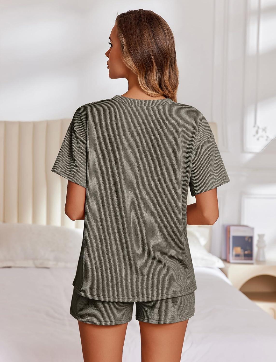 imageEkouaer Womens Pajama Sets Short Sleeve Lounge Sets 2 Piece Pjs Tops and Shorts Outfits Matching Loungewear with PocketsDark Olive Green