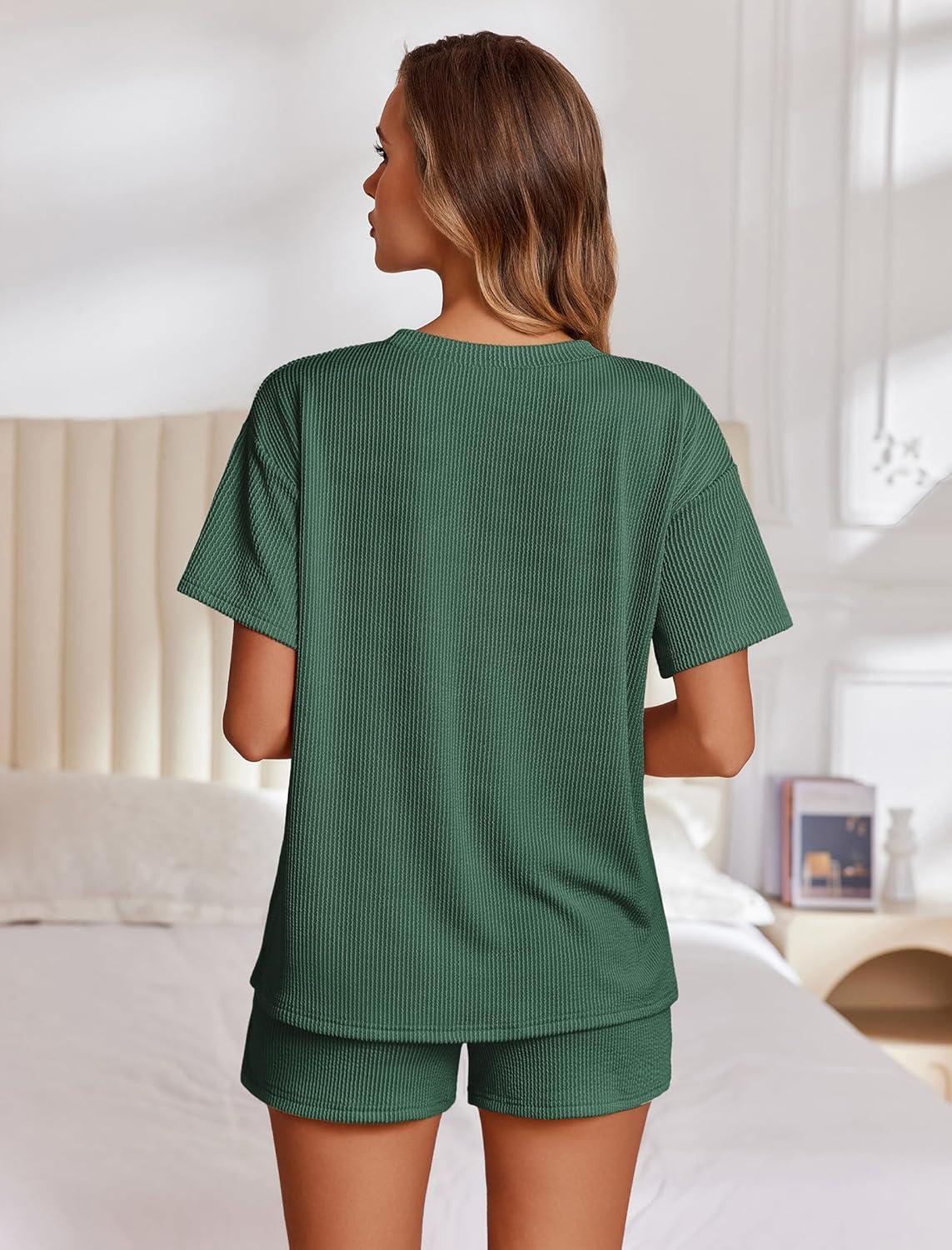 imageEkouaer Womens Pajama Sets Short Sleeve Lounge Sets 2 Piece Pjs Tops and Shorts Outfits Matching Loungewear with PocketsForestgreen