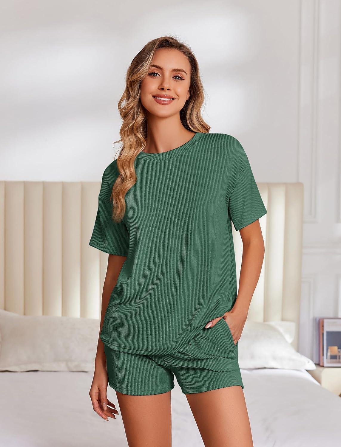 imageEkouaer Womens Pajama Sets Short Sleeve Lounge Sets 2 Piece Pjs Tops and Shorts Outfits Matching Loungewear with PocketsForestgreen