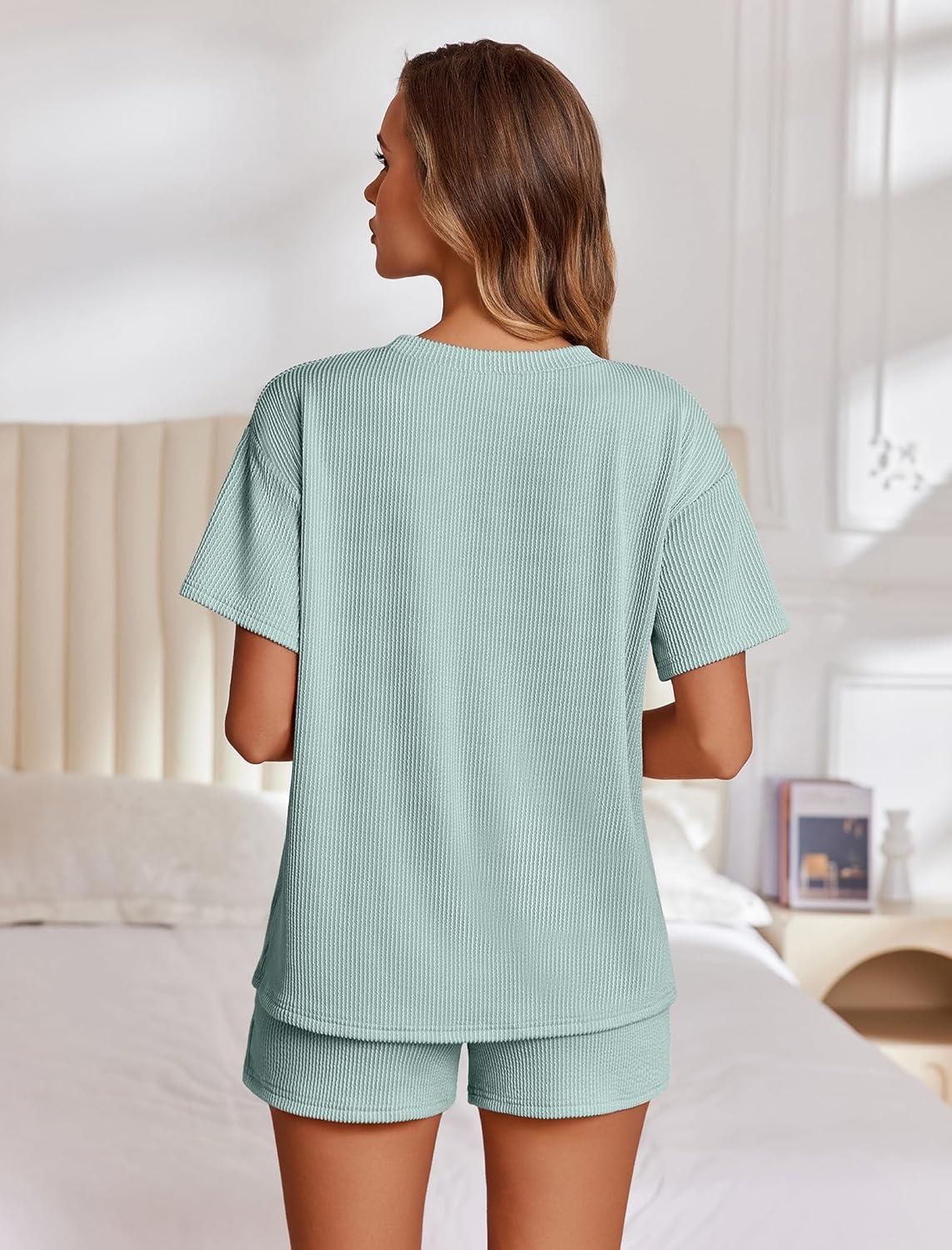 imageEkouaer Womens Pajama Sets Short Sleeve Lounge Sets 2 Piece Pjs Tops and Shorts Outfits Matching Loungewear with PocketsGlacial Green