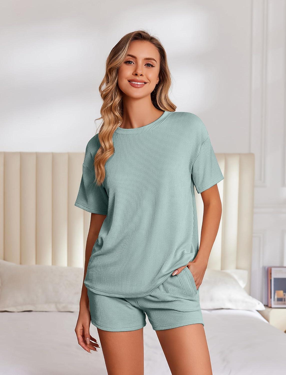 imageEkouaer Womens Pajama Sets Short Sleeve Lounge Sets 2 Piece Pjs Tops and Shorts Outfits Matching Loungewear with PocketsGlacial Green