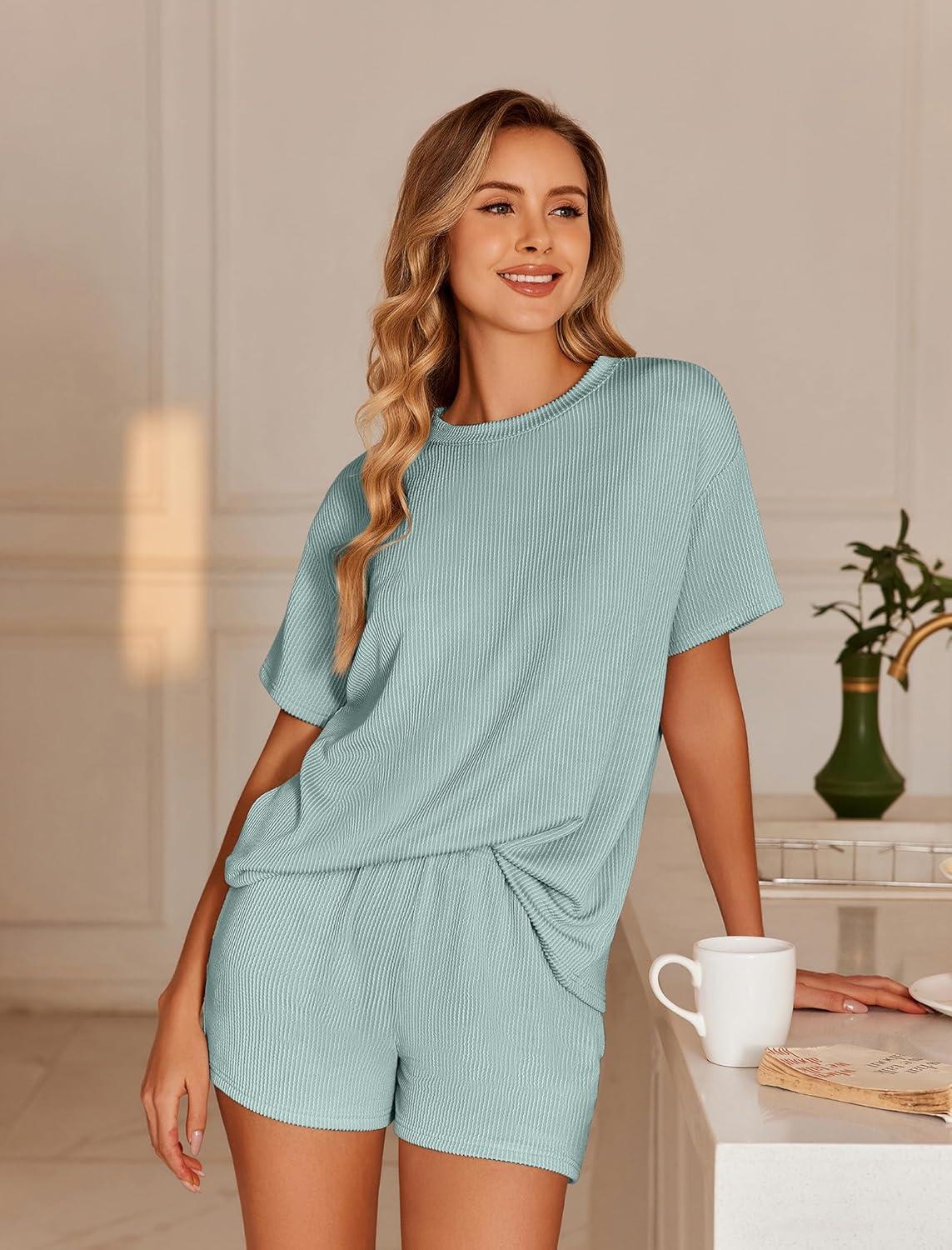 imageEkouaer Womens Pajama Sets Short Sleeve Lounge Sets 2 Piece Pjs Tops and Shorts Outfits Matching Loungewear with PocketsGlacial Green
