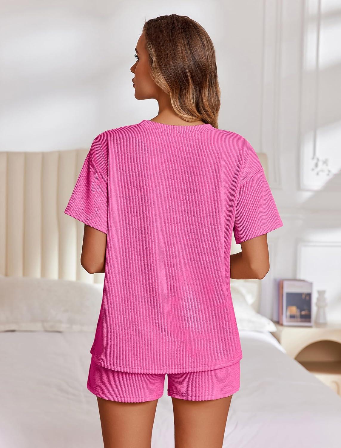 imageEkouaer Womens Pajama Sets Short Sleeve Lounge Sets 2 Piece Pjs Tops and Shorts Outfits Matching Loungewear with PocketsHot Pink