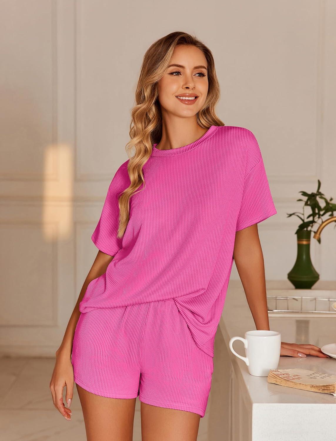 imageEkouaer Womens Pajama Sets Short Sleeve Lounge Sets 2 Piece Pjs Tops and Shorts Outfits Matching Loungewear with PocketsHot Pink