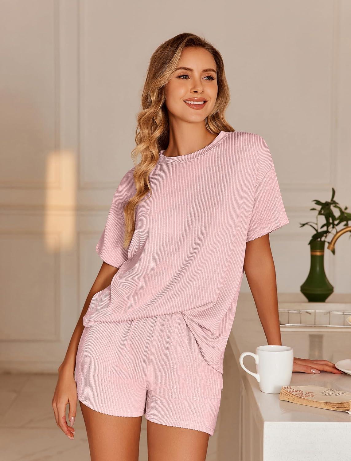 imageEkouaer Womens Pajama Sets Short Sleeve Lounge Sets 2 Piece Pjs Tops and Shorts Outfits Matching Loungewear with PocketsLight Pink