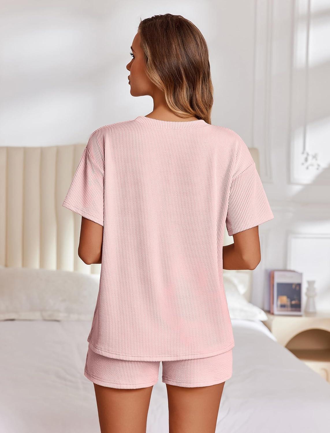 imageEkouaer Womens Pajama Sets Short Sleeve Lounge Sets 2 Piece Pjs Tops and Shorts Outfits Matching Loungewear with PocketsLight Pink