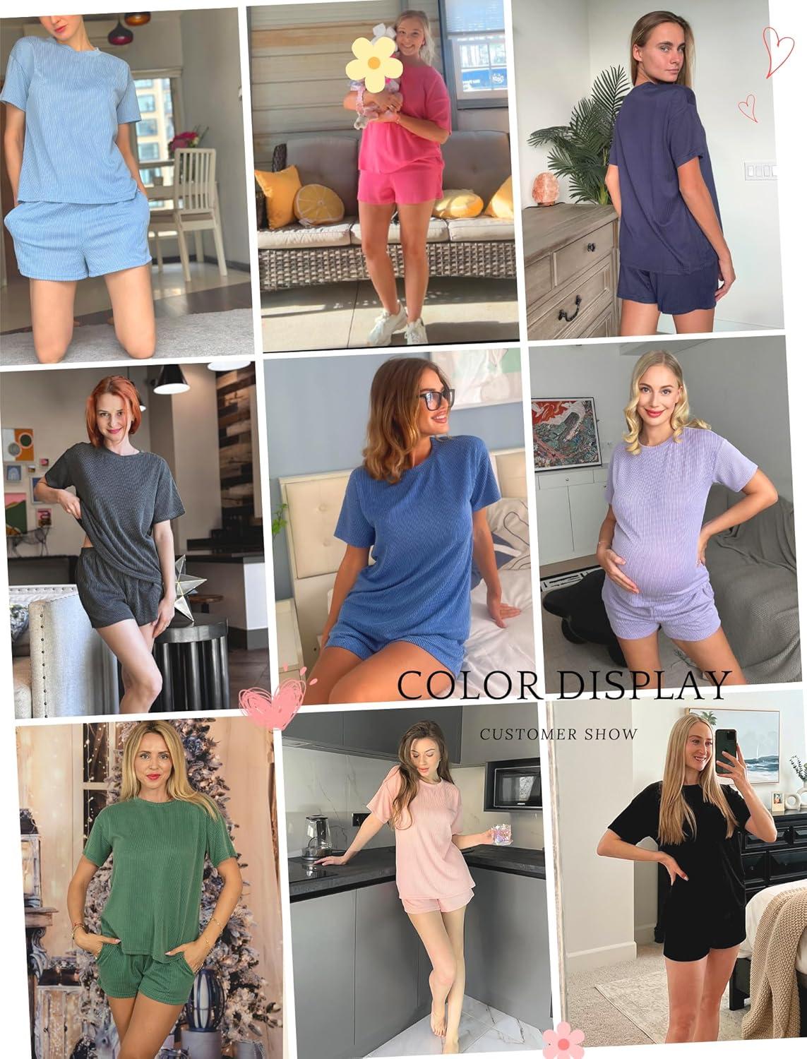 imageEkouaer Womens Pajama Sets Short Sleeve Lounge Sets 2 Piece Pjs Tops and Shorts Outfits Matching Loungewear with PocketsPurple