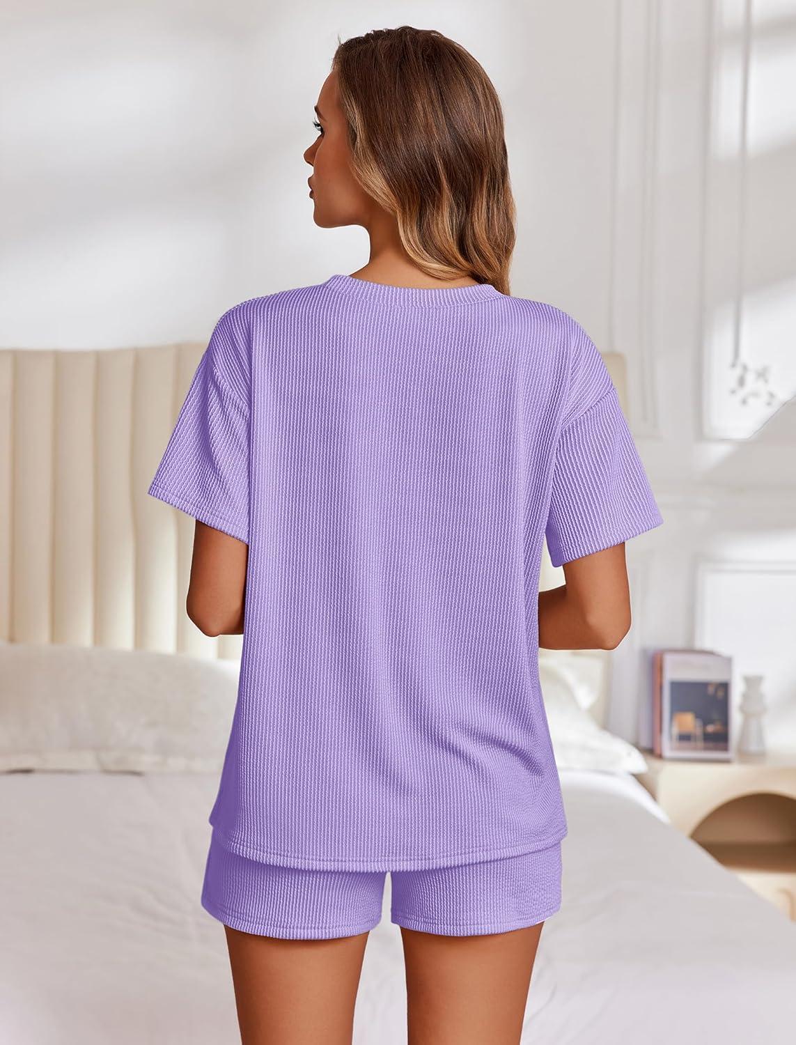 imageEkouaer Womens Pajama Sets Short Sleeve Lounge Sets 2 Piece Pjs Tops and Shorts Outfits Matching Loungewear with PocketsPurple