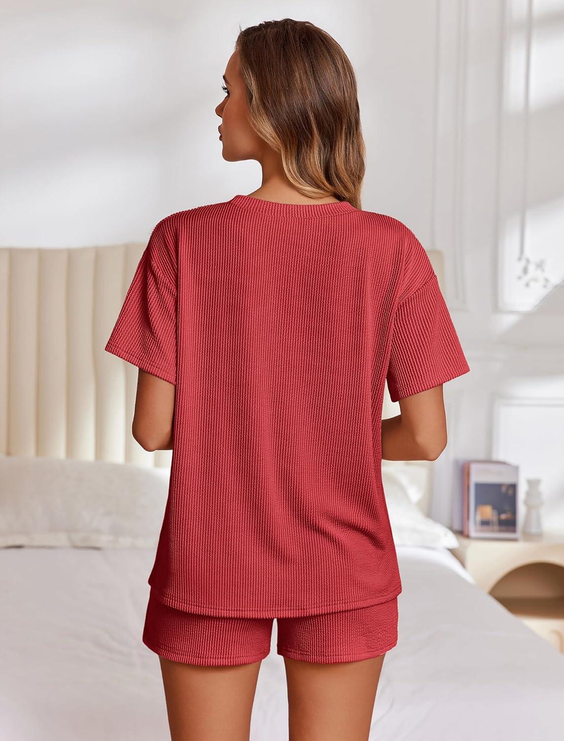 imageEkouaer Womens Pajama Sets Short Sleeve Lounge Sets 2 Piece Pjs Tops and Shorts Outfits Matching Loungewear with PocketsRed
