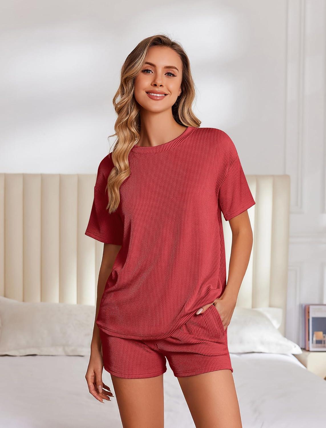 imageEkouaer Womens Pajama Sets Short Sleeve Lounge Sets 2 Piece Pjs Tops and Shorts Outfits Matching Loungewear with PocketsRed
