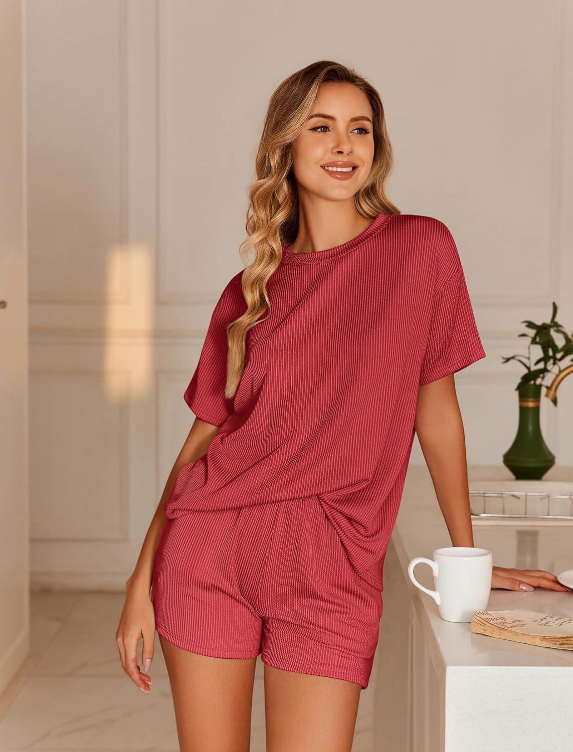 imageEkouaer Womens Pajama Sets Short Sleeve Lounge Sets 2 Piece Pjs Tops and Shorts Outfits Matching Loungewear with PocketsRed