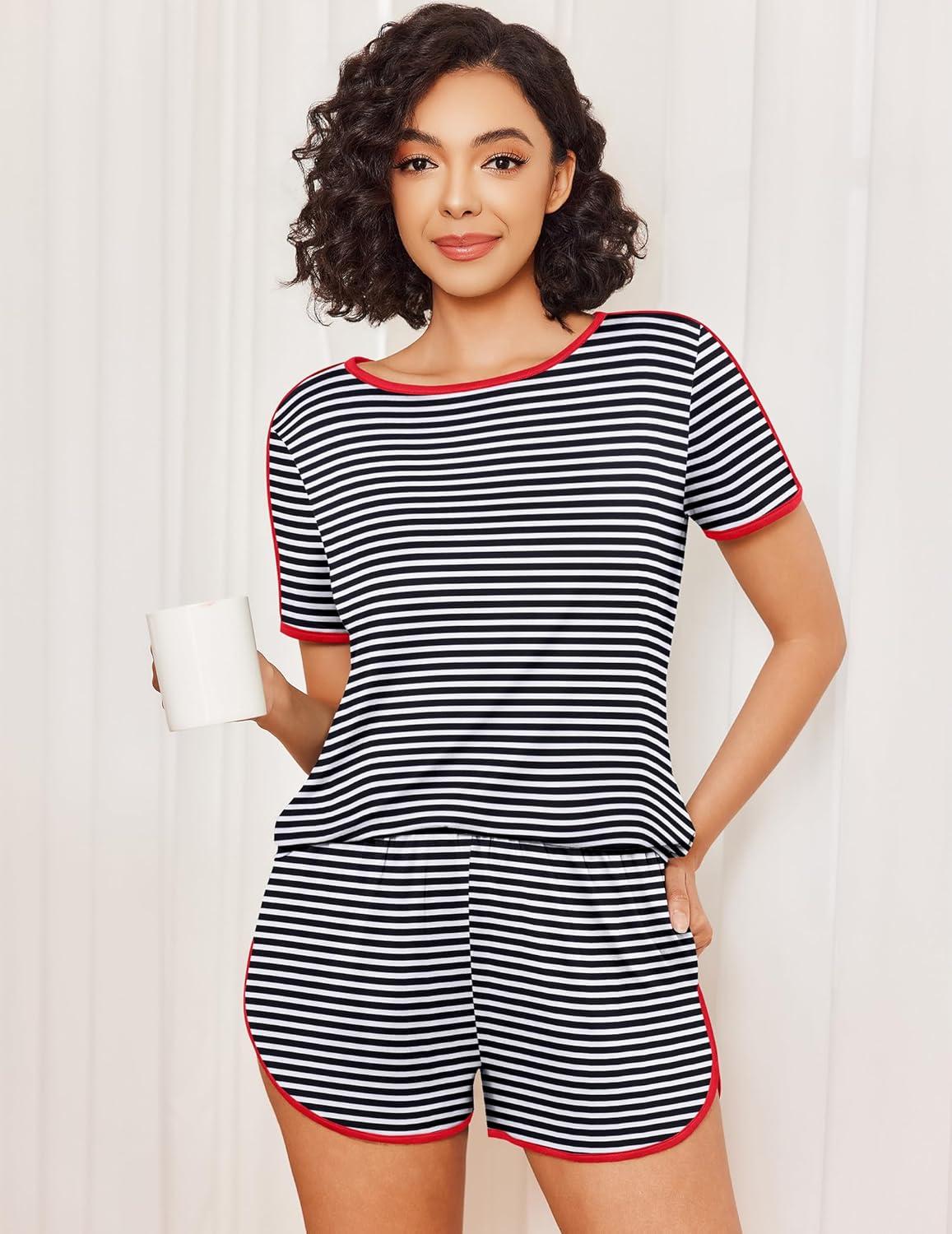 imageEkouaer Womens Pajama Sets Short Sleeve Sleepwear Soft Pjs Sets Round Neck Summer 2 Piece Lounge Set with Pockets SXXLBlack and White Stripe