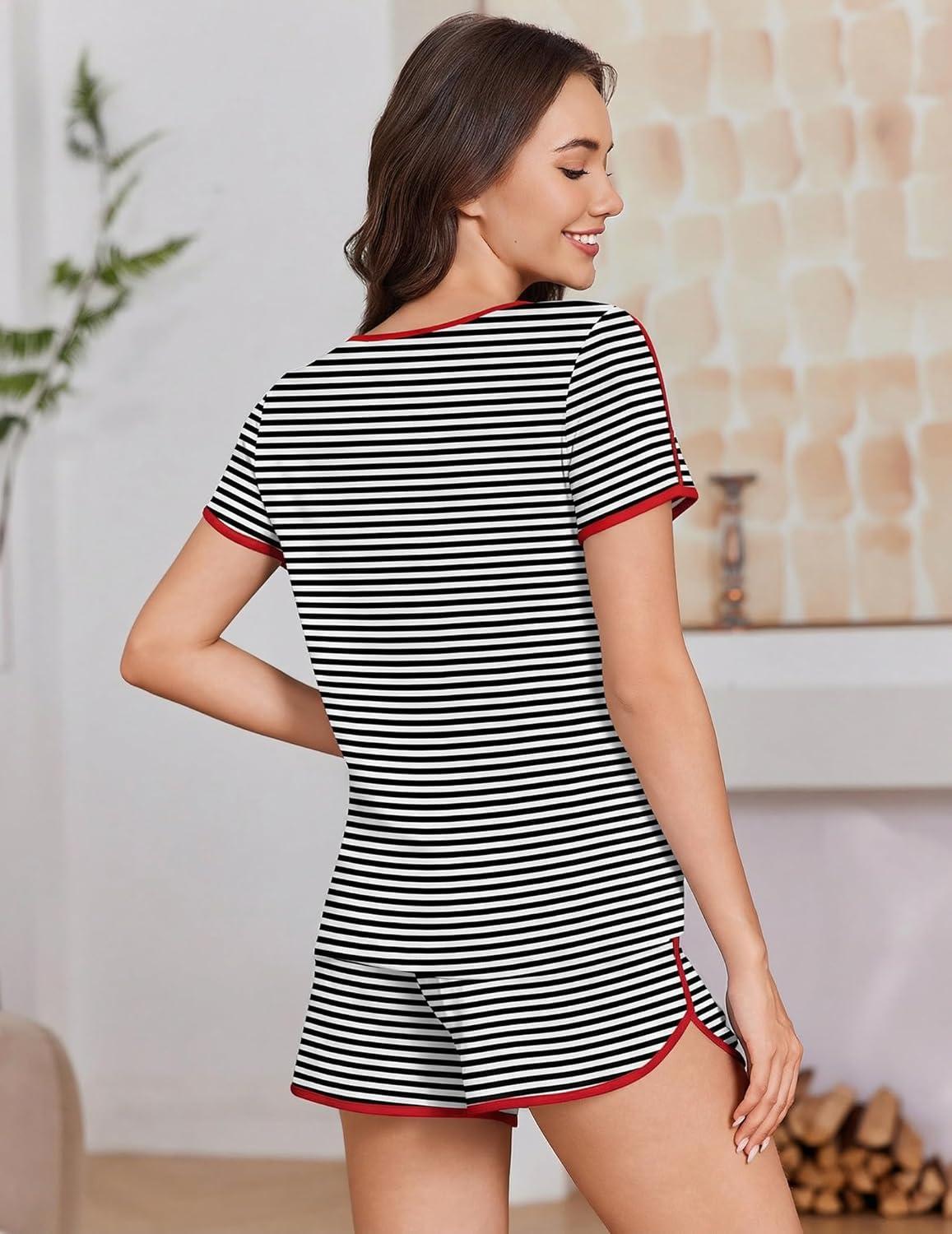 imageEkouaer Womens Pajama Sets Short Sleeve Sleepwear Soft Pjs Sets Round Neck Summer 2 Piece Lounge Set with Pockets SXXLBlack and White Stripe